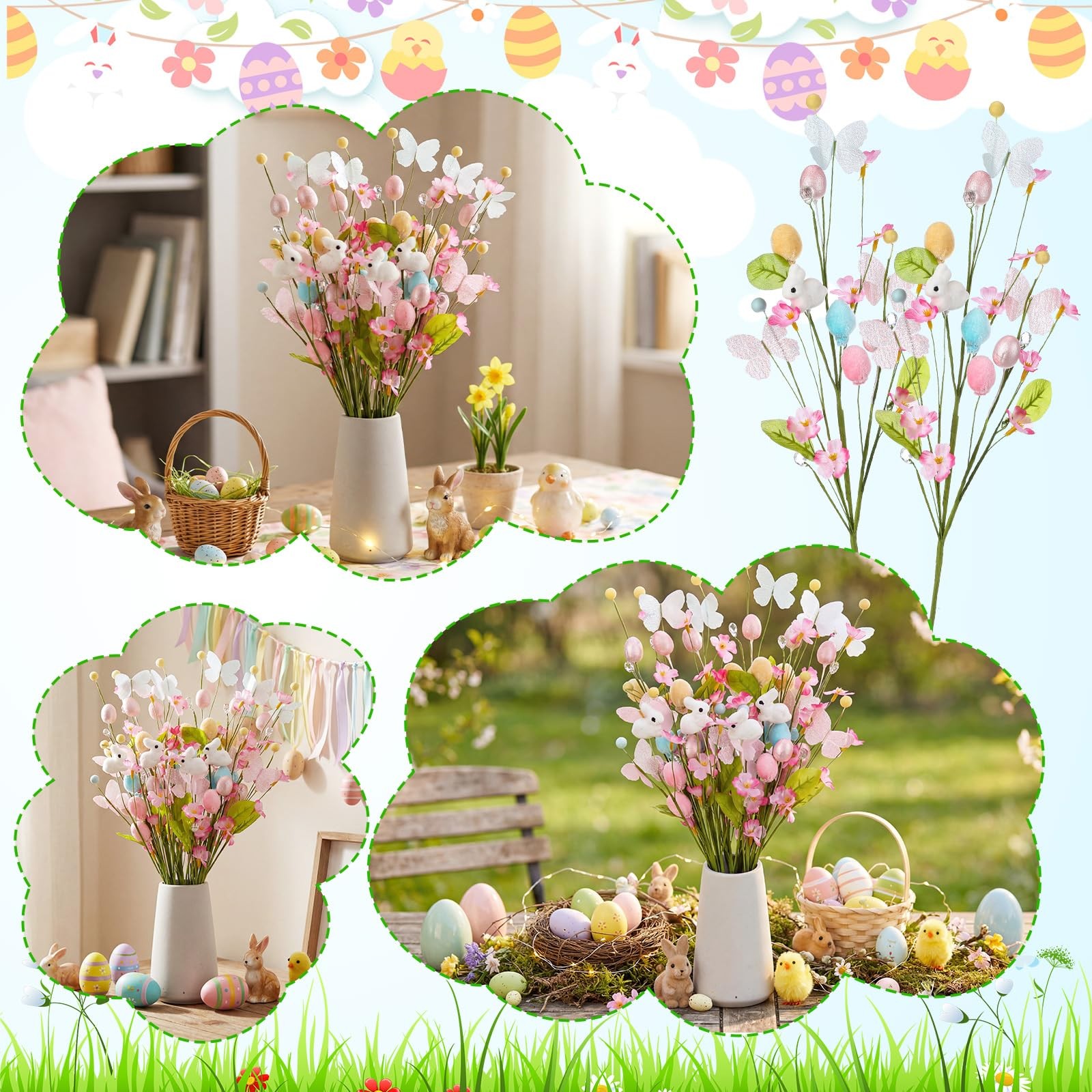 12 Pcs Artificial Easter Bunny Picks Stems Spring Floral Tree Branches with E…