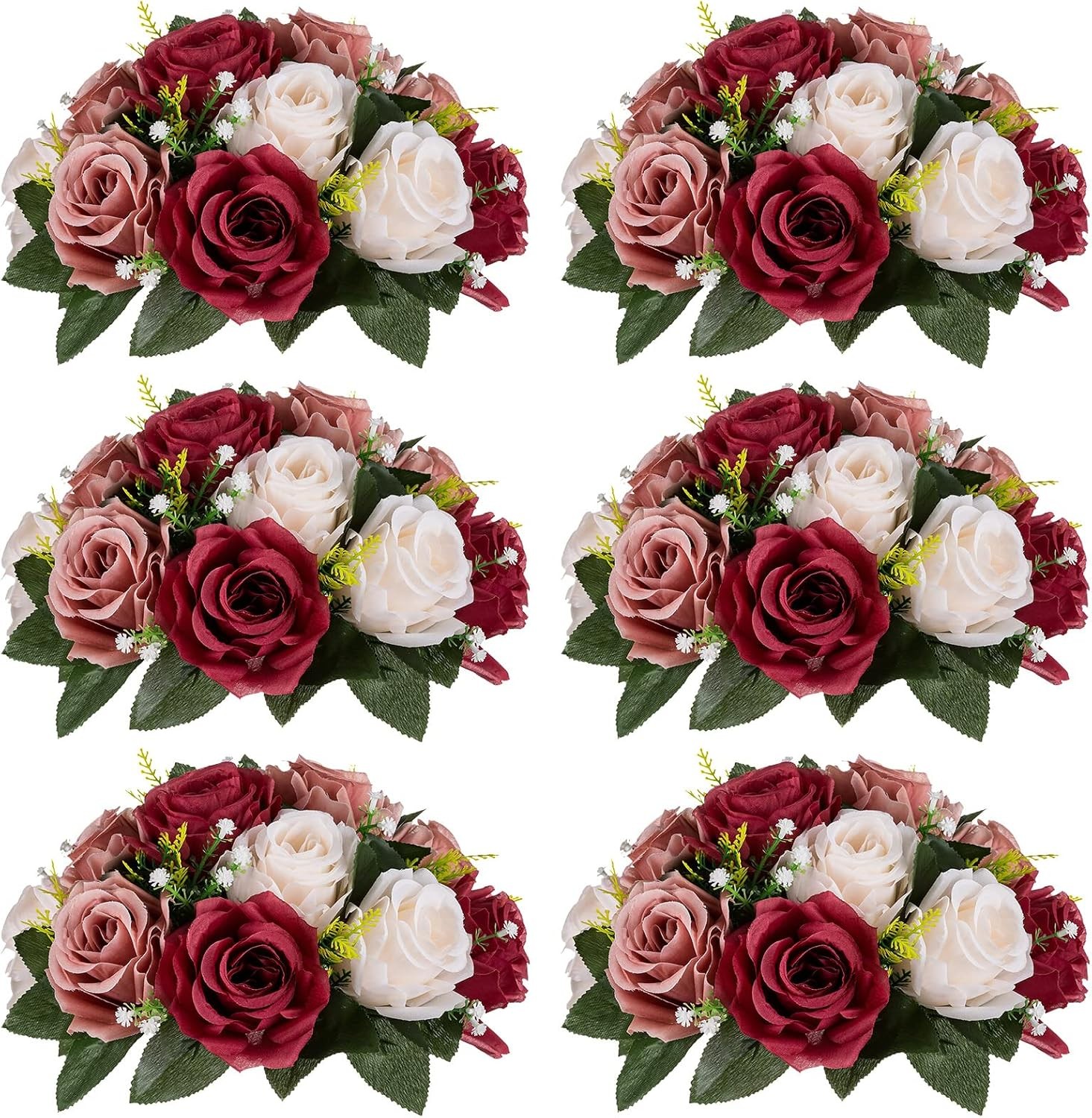 Artificial Flower Centrepieces Tables 6 Pcs Burgundy & Dusty Rose & Creamy White