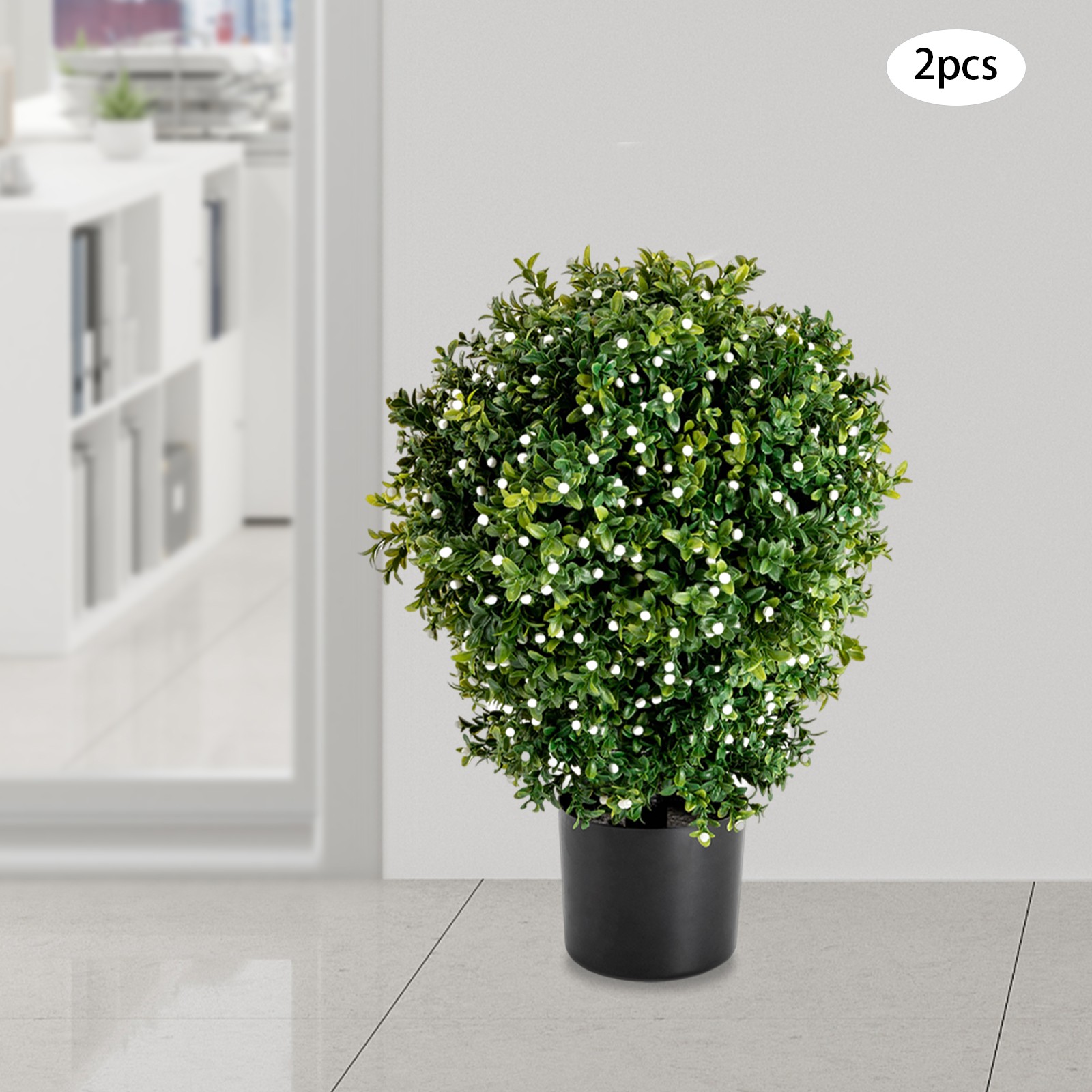 20″ Tall Artificial Boxwood Topiary Ball Tree with White Flowers for Front Porch