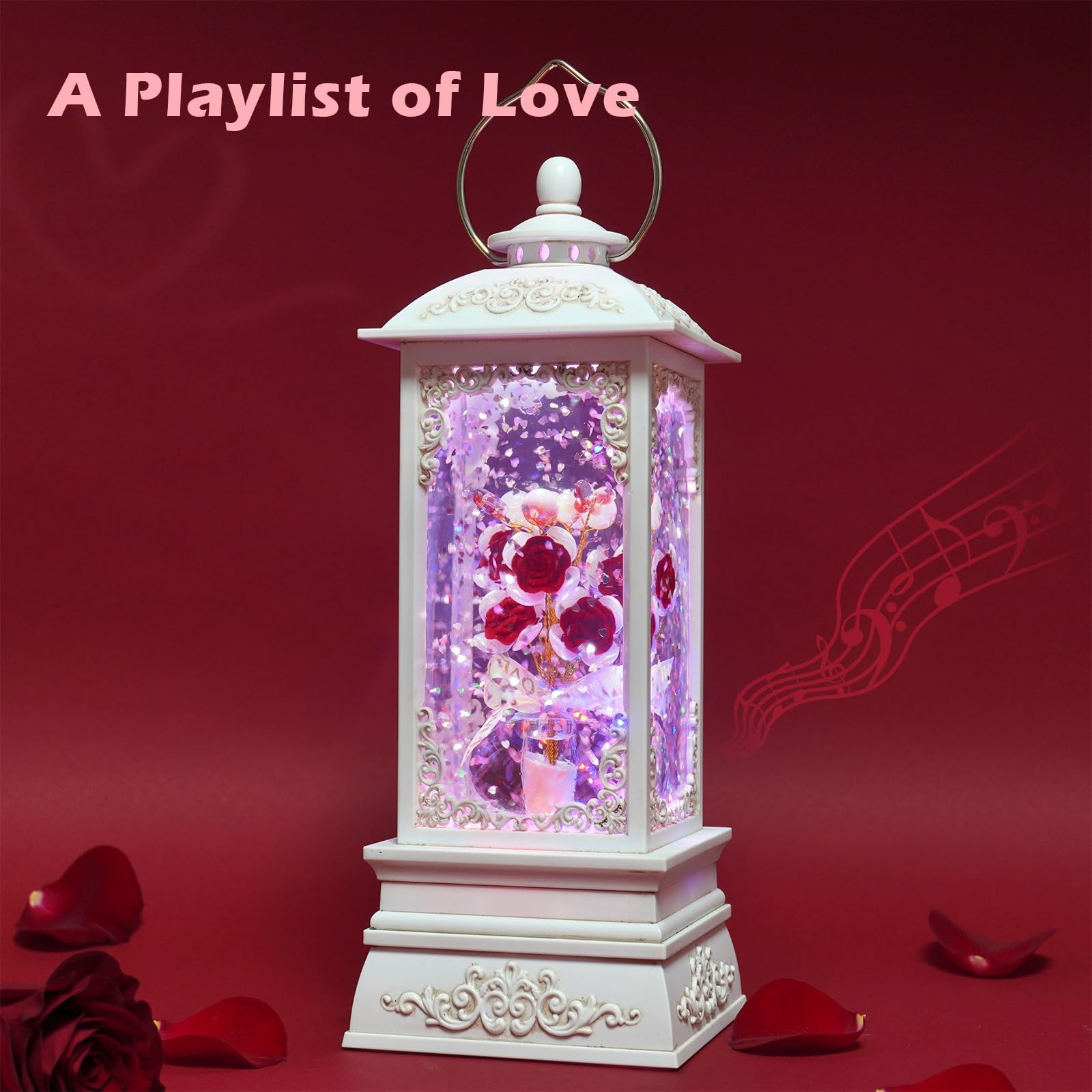 Red Rose Flower Snow Globe Lantern with RGB Color Changing Lights, Music & 6 …