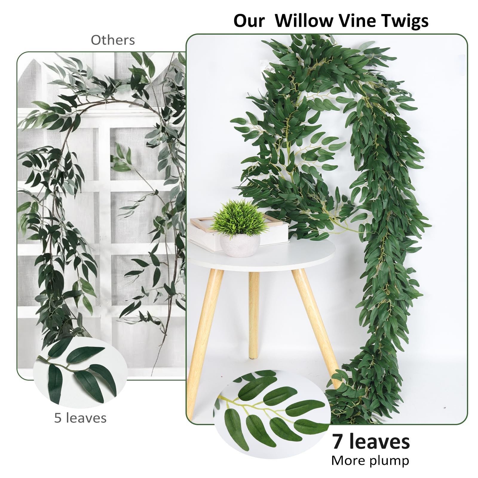 Artificial Willow Leaves Vine Twigs 2Pcs 6Ft Fake Hanging Plant Silk Willows