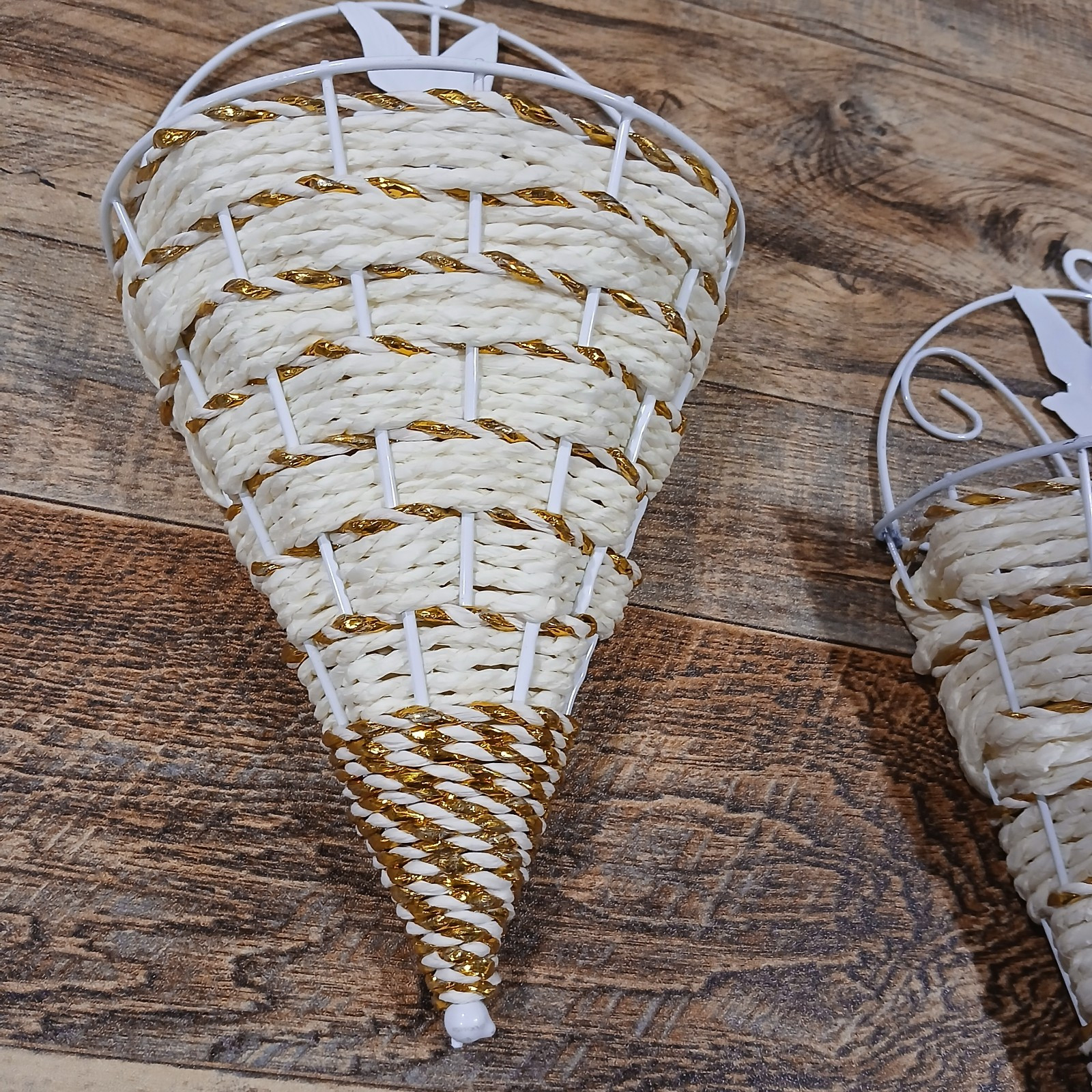 Set of 2 Wall Hanging Cone/Basket. Display Flowers. Cream & Gold