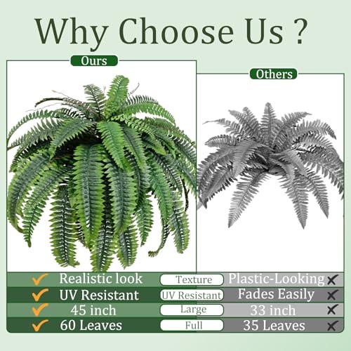 2pcs 45in Artificial Boston Fake Ferns Large, UV Resistant Artificial Plants