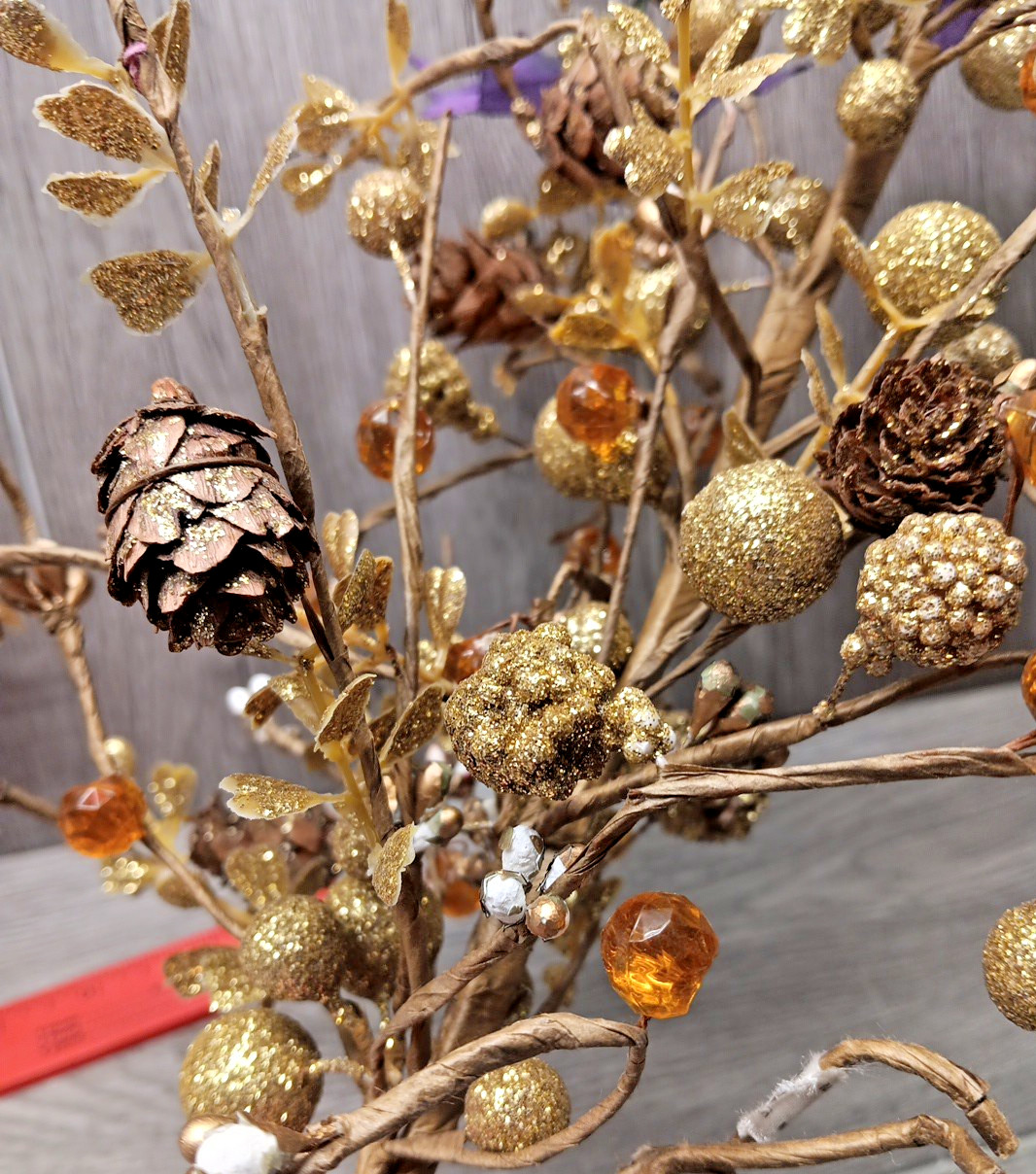 Gold Glitter, Pine Cones, Berries, Beads, Wired 15″ Spray – Holiday-Craft 2Pc