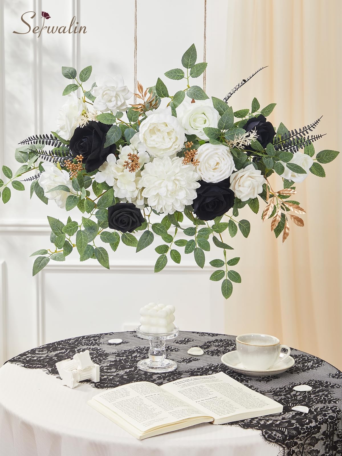 Black, White Roses Artificial Flowers, Silk DIY Bridal Bouquet Table Centerpiece