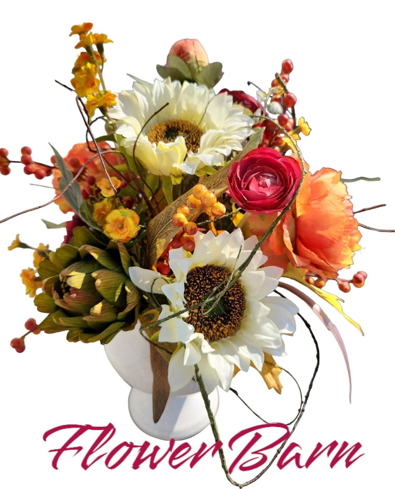 Autumn Artificial Floral Centerpiece With Sunflowers & Ranunculus Arrangement Wh