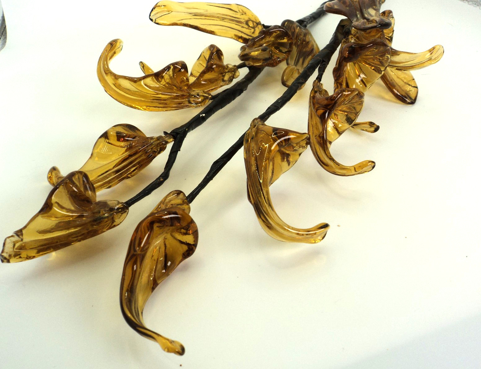 Pair of Vintage Amber Blown Glass Stalks of Flowers