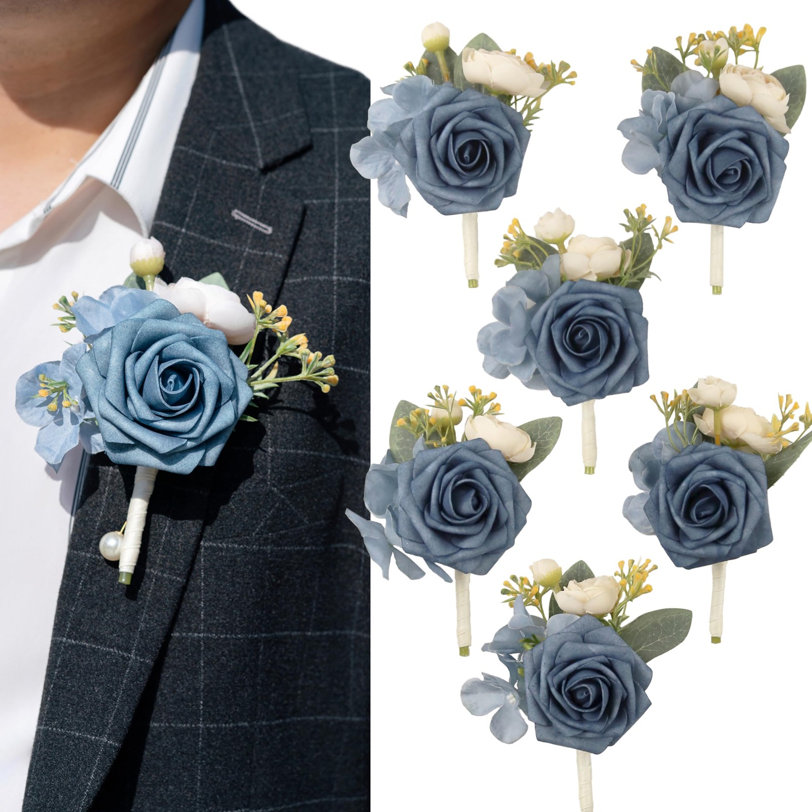 Dusty Blue Boutonniere Groom Groomsmen Wedding Anniversary Prom Party 6 PCS