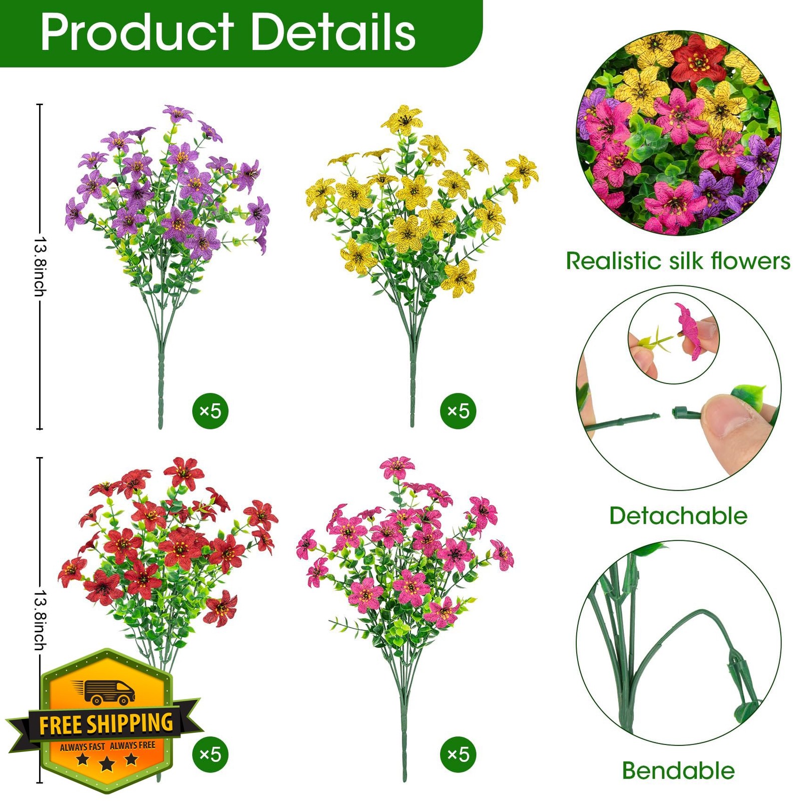 Besteek 20 Bundles Artificial Flowers, Mixed Color, UV Resistant