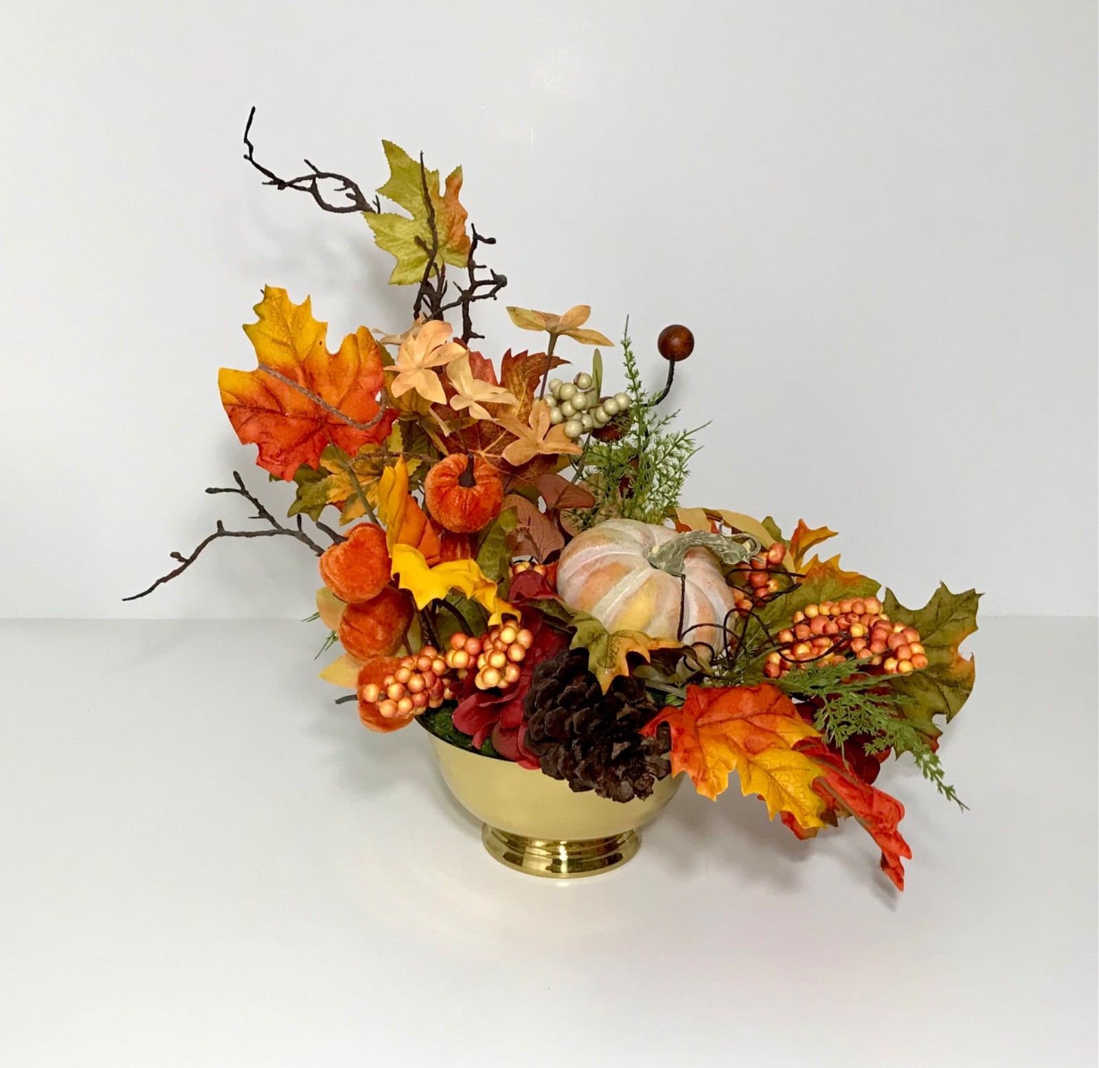 MODERN FALL HARVEST ARRANGEMENT BRASS CONTAINER THANKSGIVING CENTERPIECE TABLE