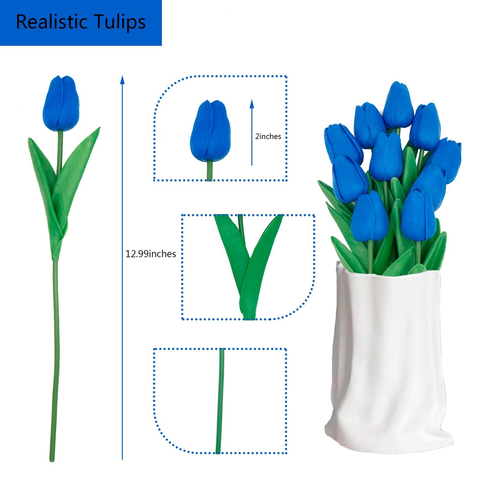 Blue Fake Tulips 10 PCS 13 Inch Real Touch PU Artificial Flowers Bouquet