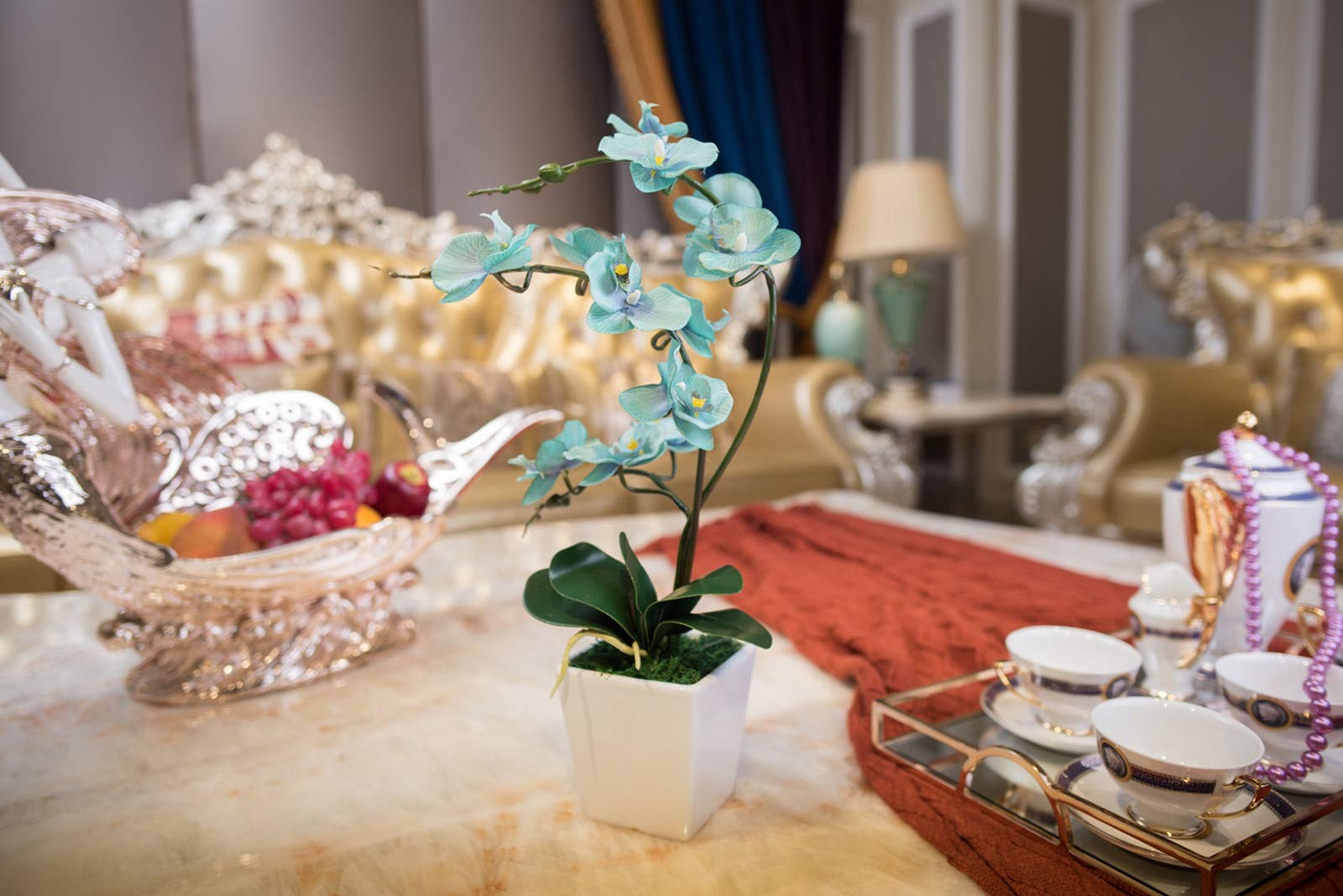15 Inches Tall Artificial Silk Phalaenopsis Orchid Flower Plant Pot Teal Arra…