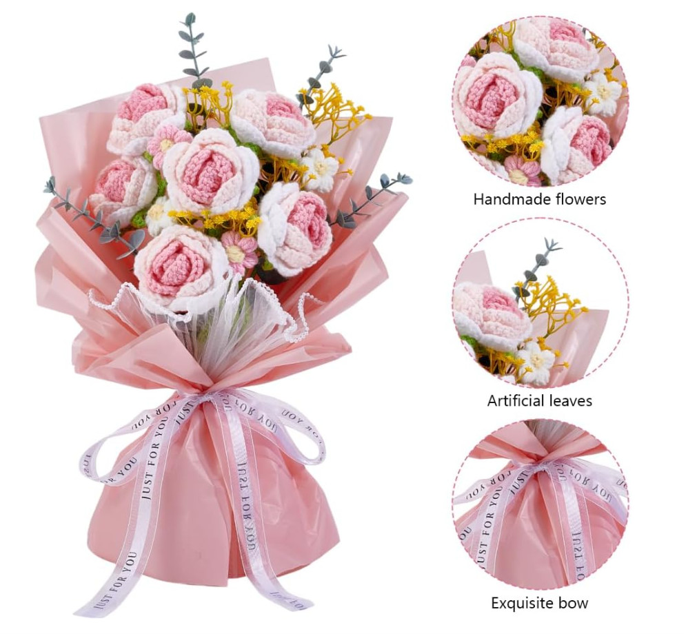 Handmade Gift for Valentine’s Day Crochet Flower Bouquet Pink Gradient Rose