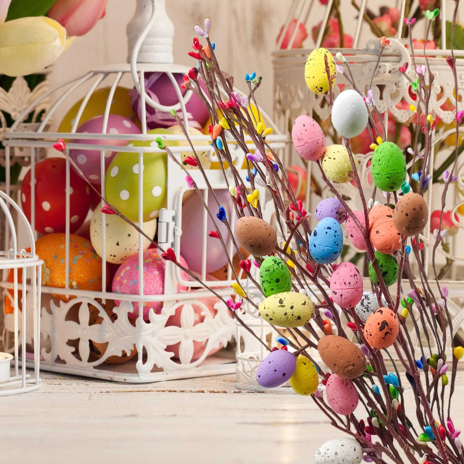 26Pcs 40cm Artificial Easter Spray Vine with Colorful Eggs and Fan-Shaped Eas…