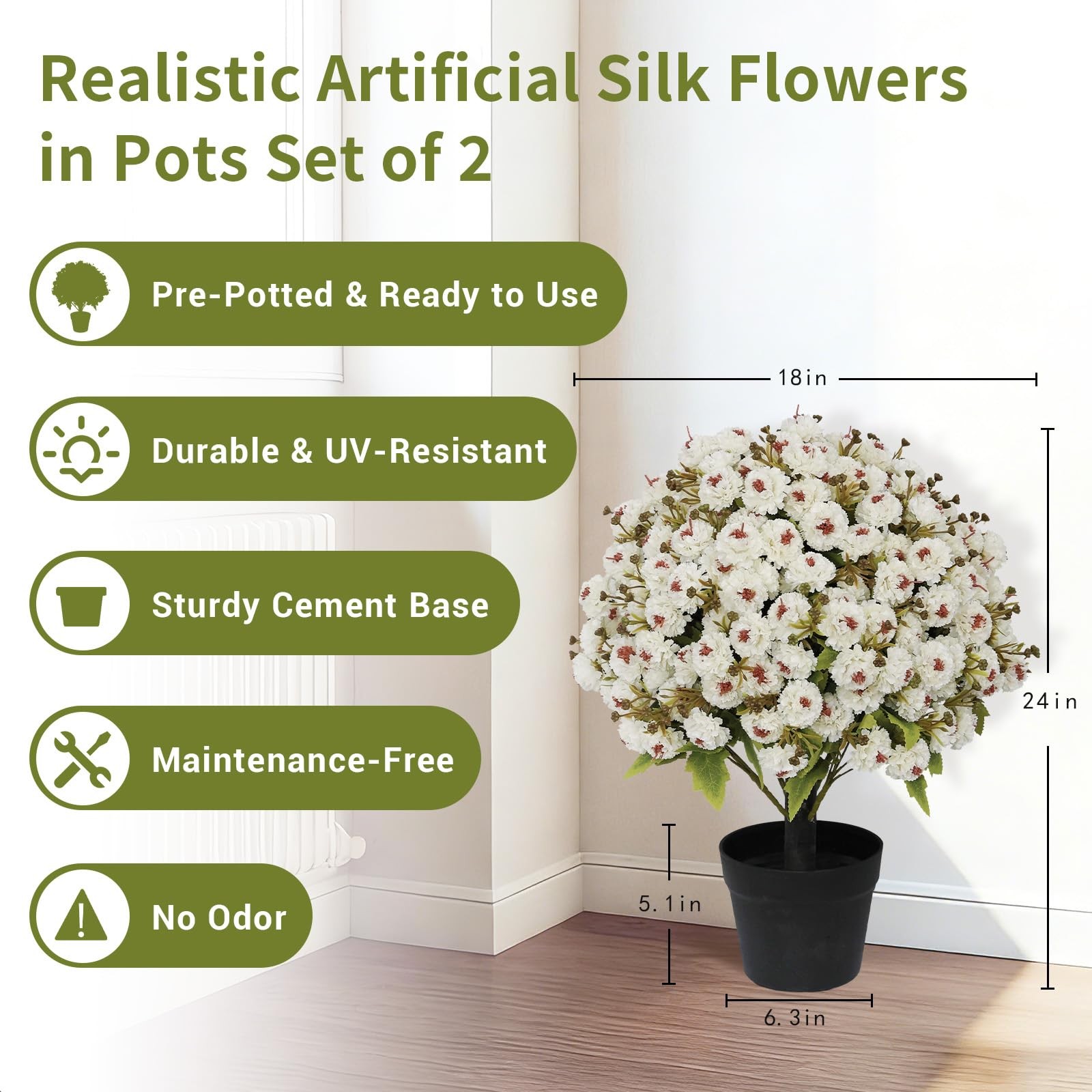 24” Artificial Flowers for Outdoors, Set of 2- UV Resistant Look Real Faux Wh…