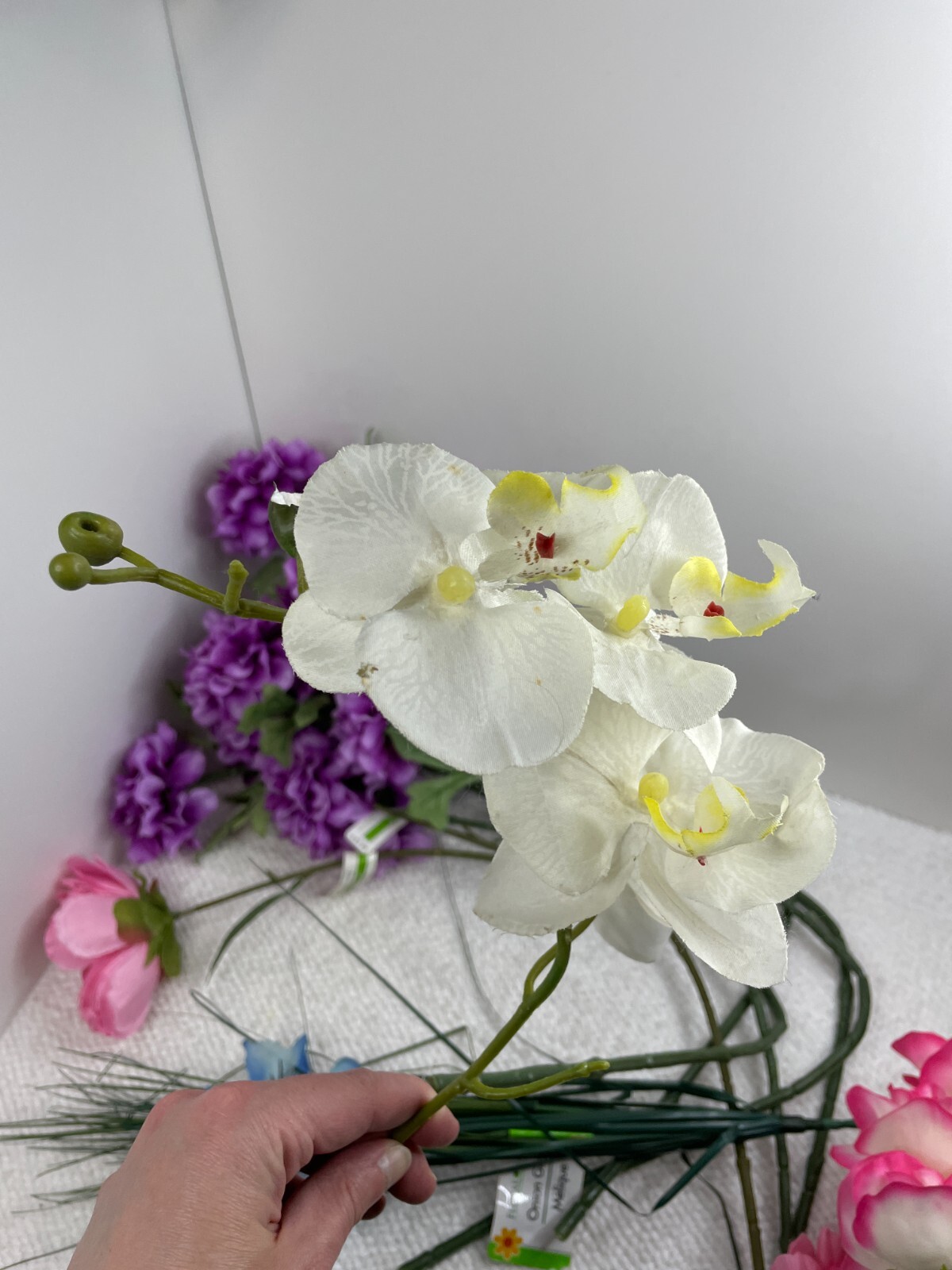 Faux Fake Flowers Lot Variety Roses Orchids Onion Grass Purple Pink White Spring
