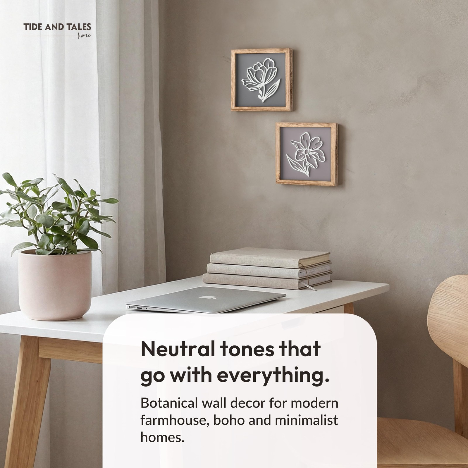 Tide and Tales 3D Botanical Floral Wall Art (Framed Set 7″ x 7″, Stone & Clay