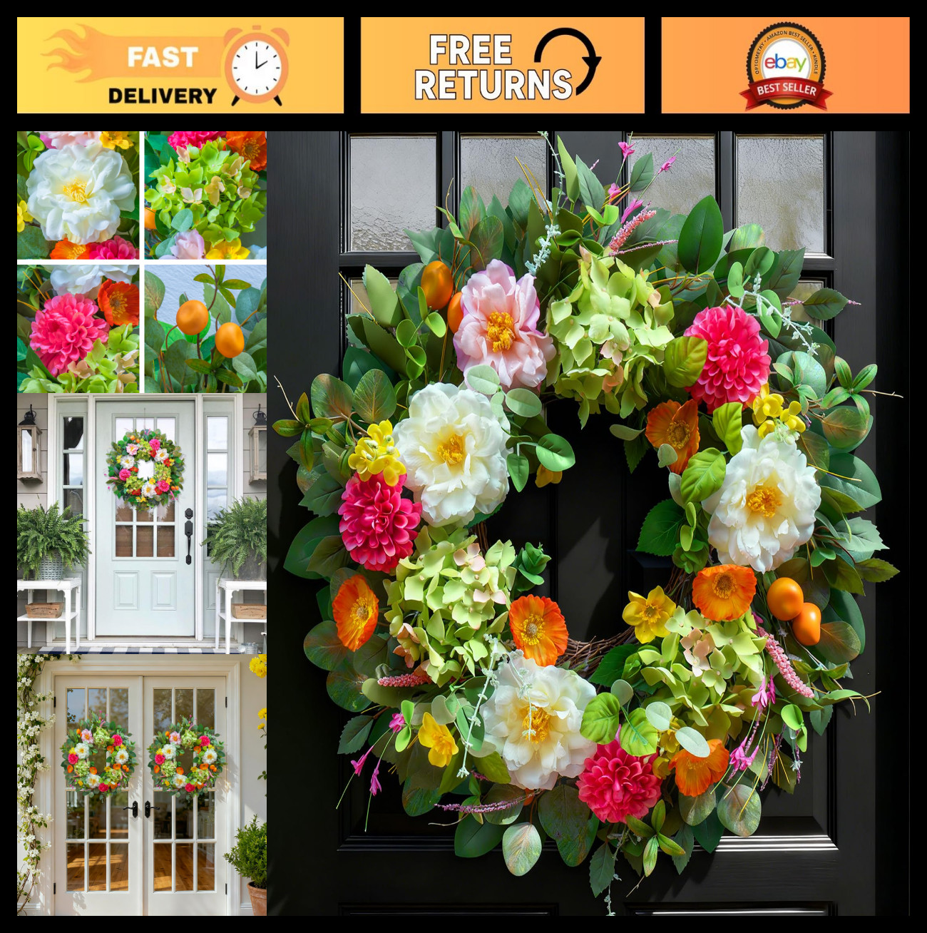 Vibrant 24″ Spring Wreath for Front Door – Peony, Hydrangea & Eucalyptus Decor