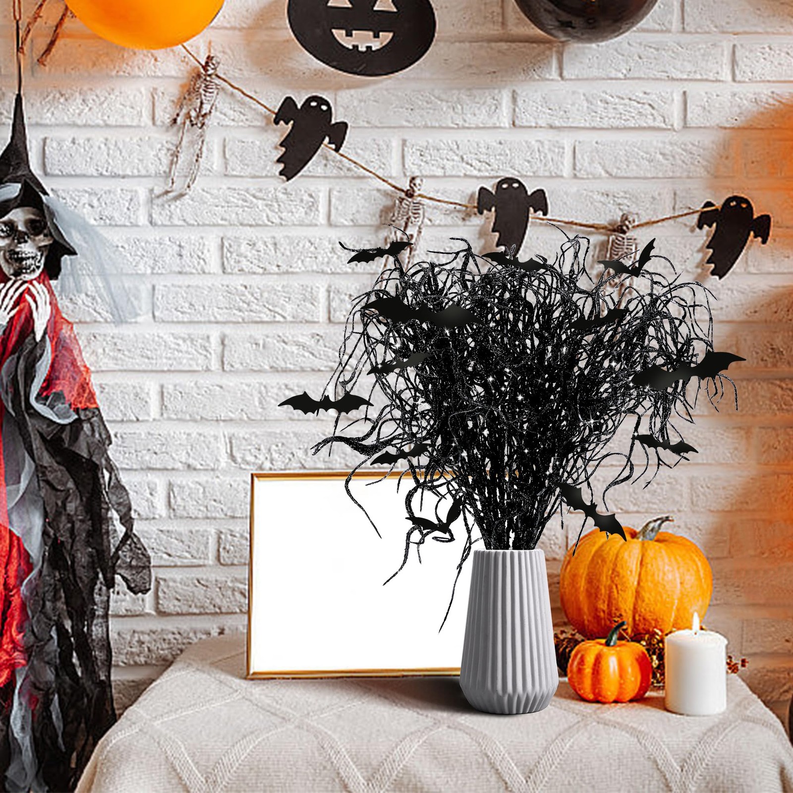 24 Pcs Halloween Artificial Curly Willow Branches with 12 Pcs Bats- Fake Blac…
