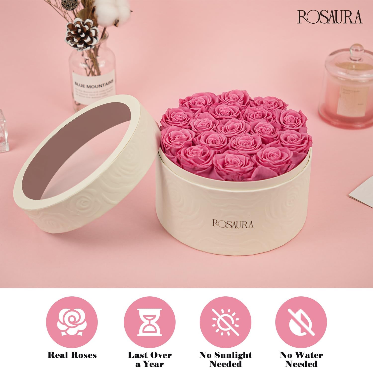 17 PCS Pink Round Preserved Roses Gift Box Floral Decor Valentines Mothers