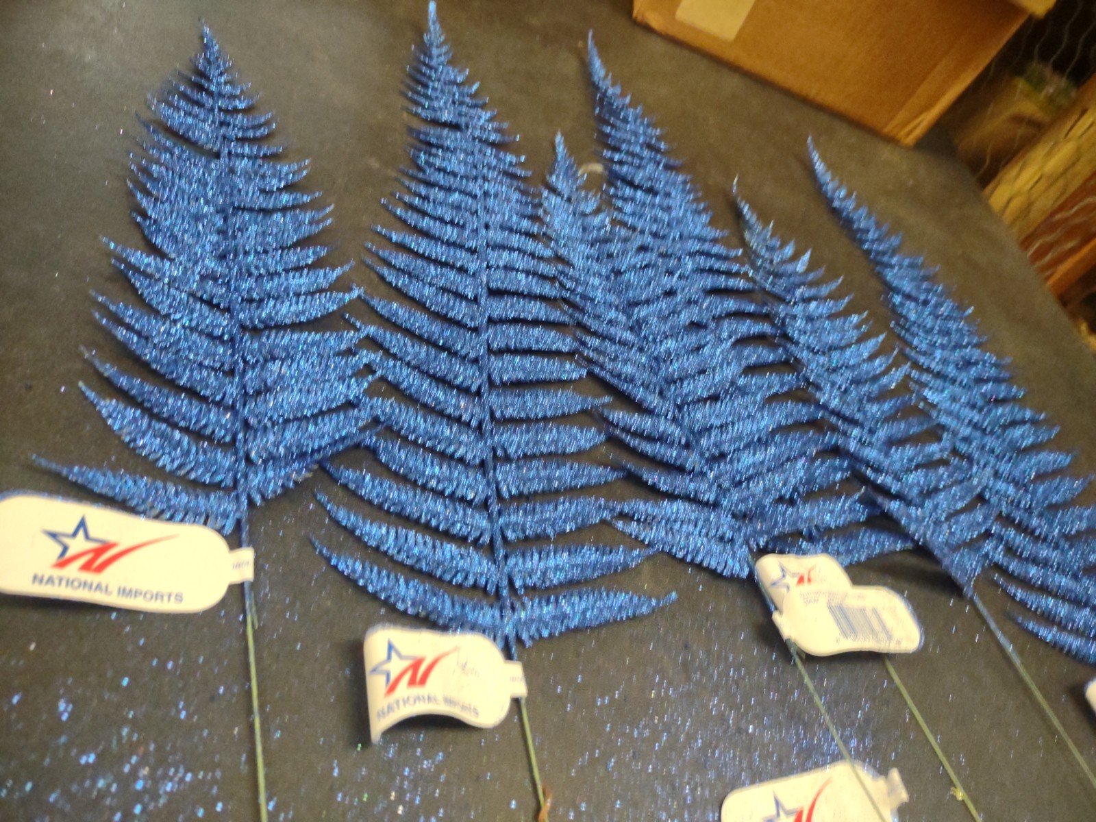 6 Pieces Sapphire Blue Glittered Retro Plastic Forrest Fern, 2 Sizes 15″ & 24″