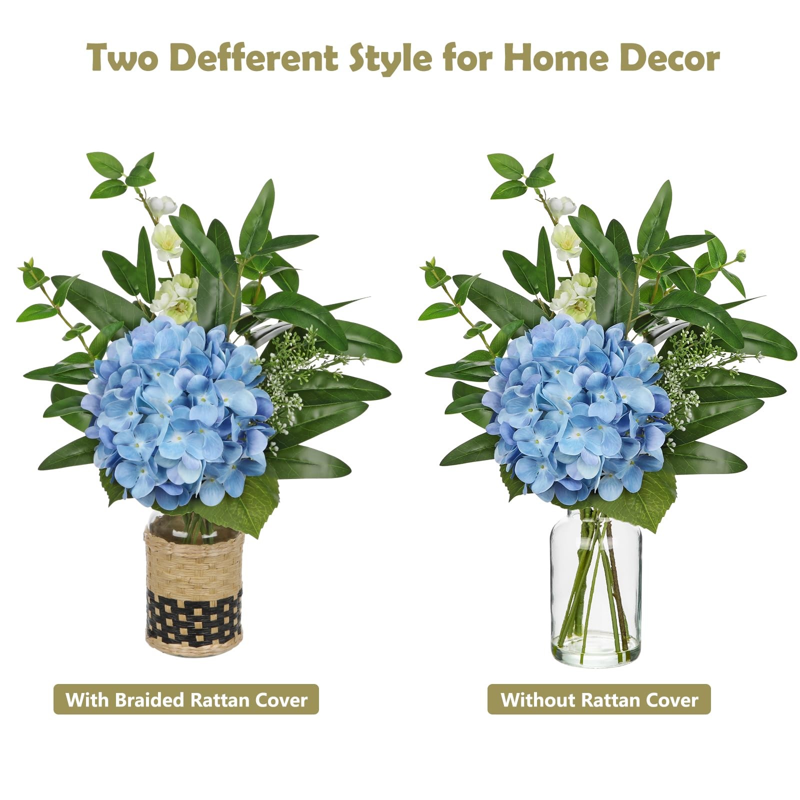 17″ Blue Hydrangea Artificial Flowers in Vase With Faux Water, UV Protected F…