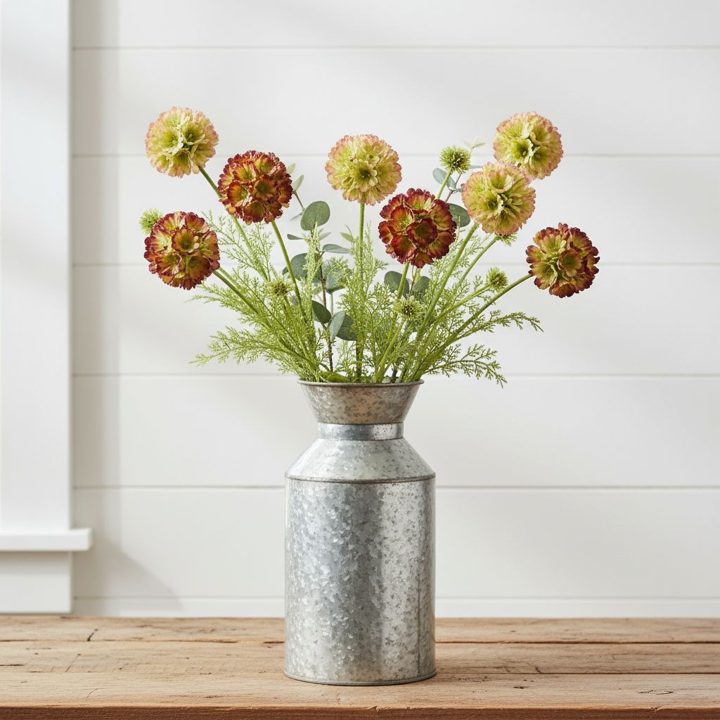 Artificial Scabiosa Flower Stems Green Blush Burgundy Faux Wildflower Cottage Fl