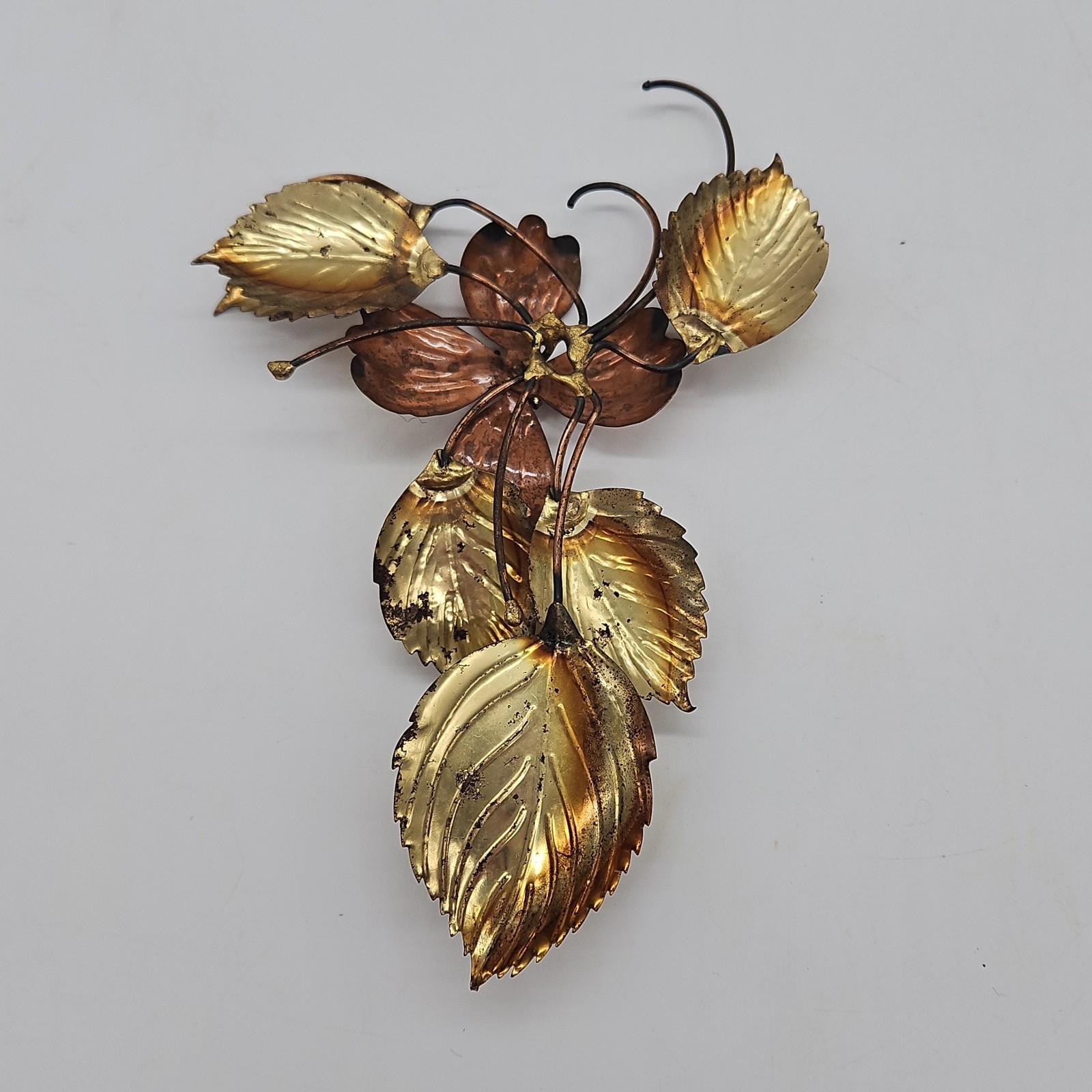 Gold Tone Brass & Copper Flower Roses Leaf Metal Wall Hanging Decor Set