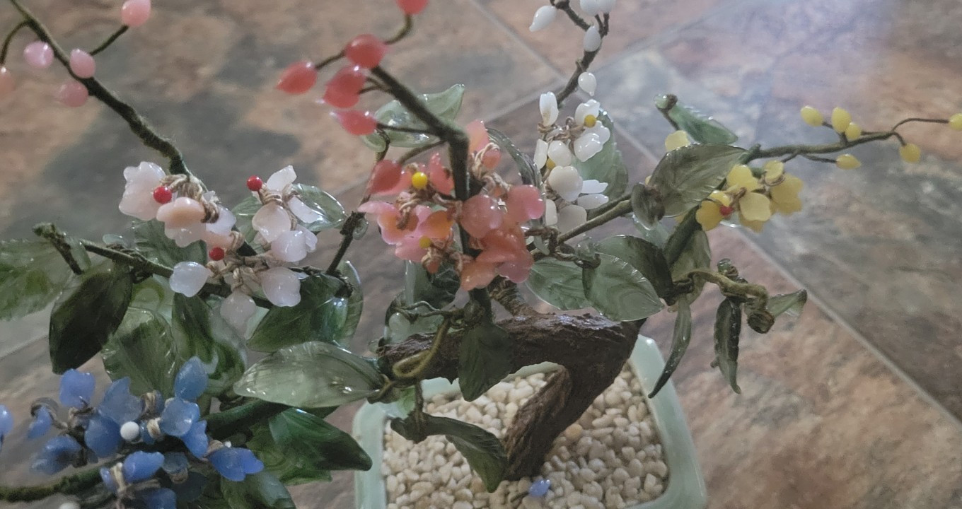 Vintage Chinese Glass Jade Bonsai Tree Celadon Pot Multi Color Flower Marked 9″