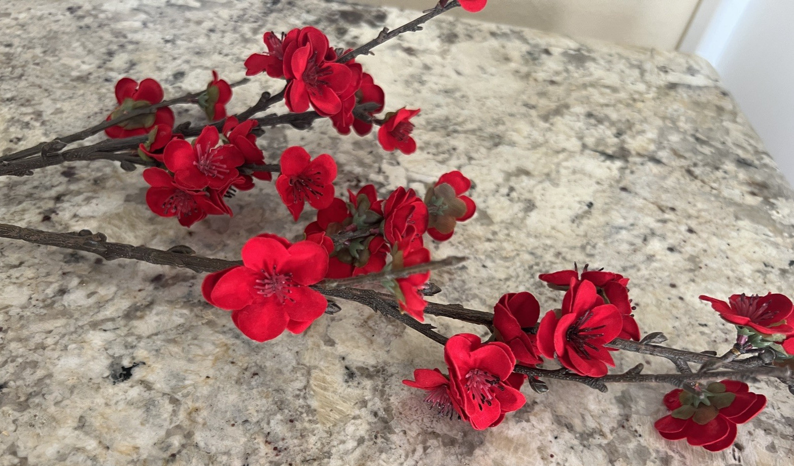 6 Stems Artificial Deep Red Cherry Blossom Branches Faux Flower Velvet-Like