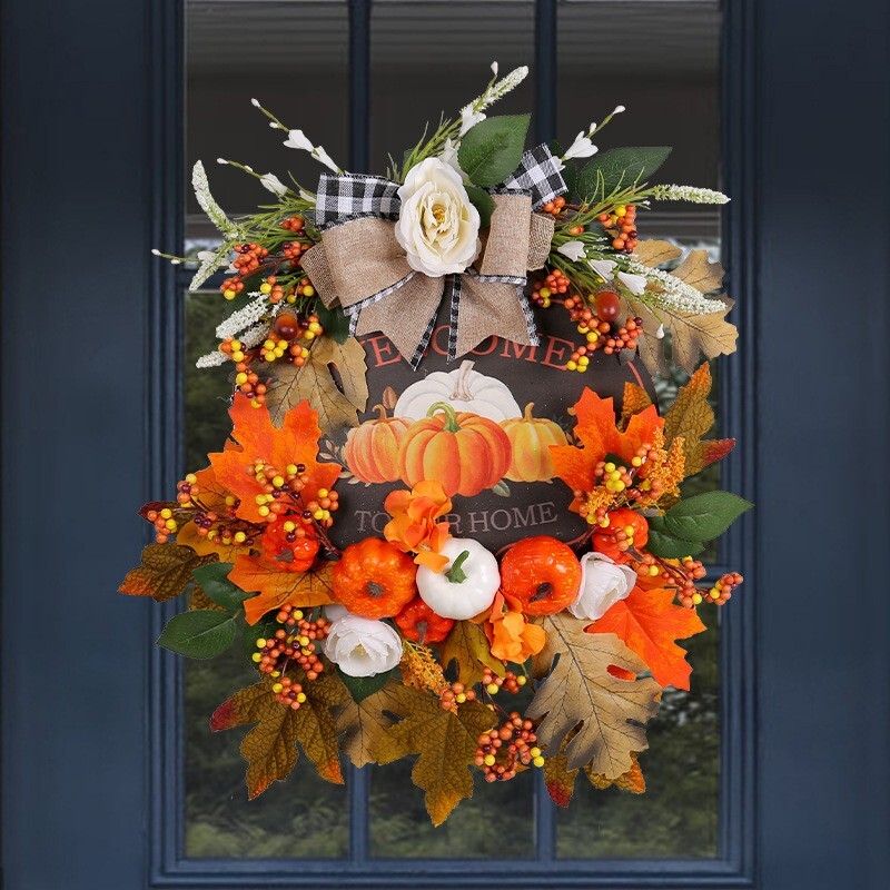 Artificial Fall Autumn Pumpkin Wreath for Front Door or Porch