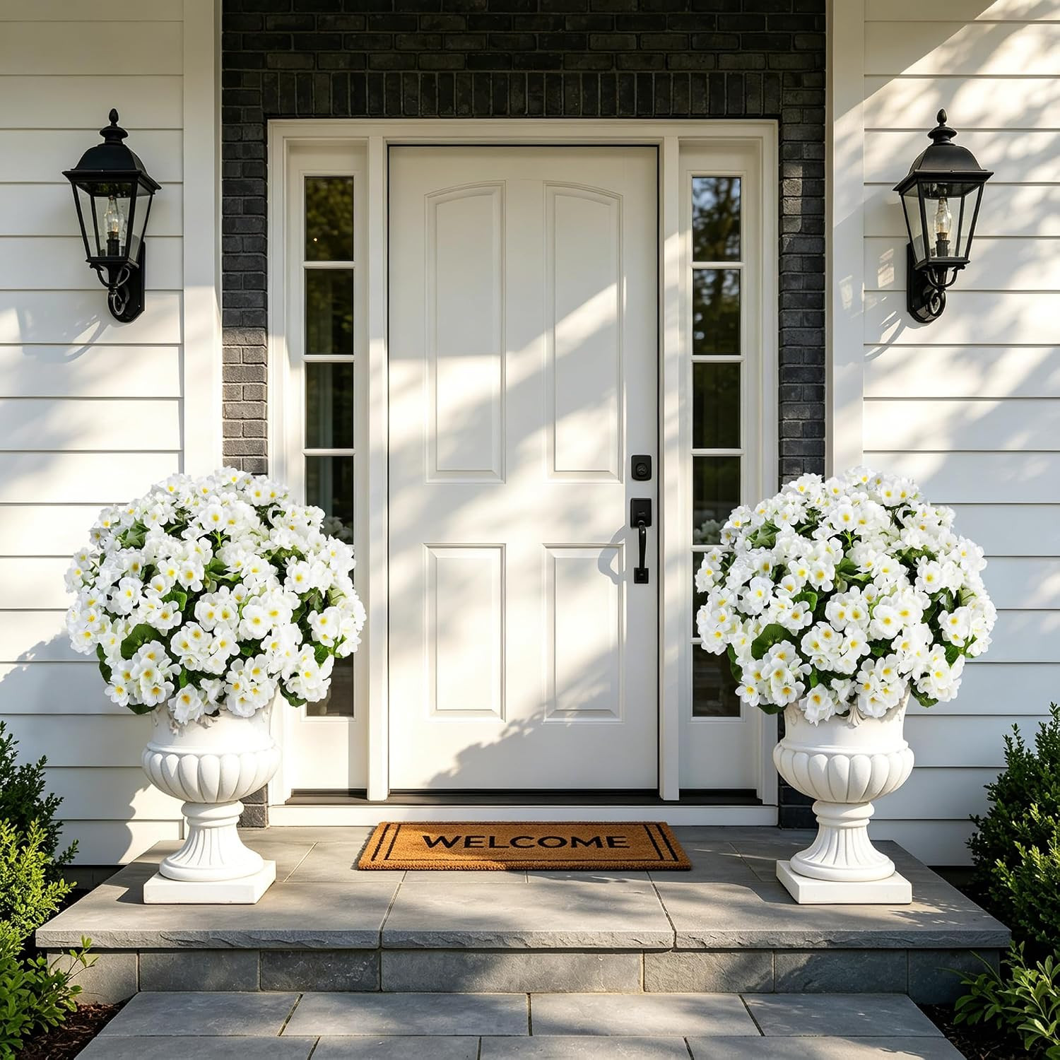 Geraniums Artificial Flowers for Outdoors, UV Resistant, White | Plastic Flowers