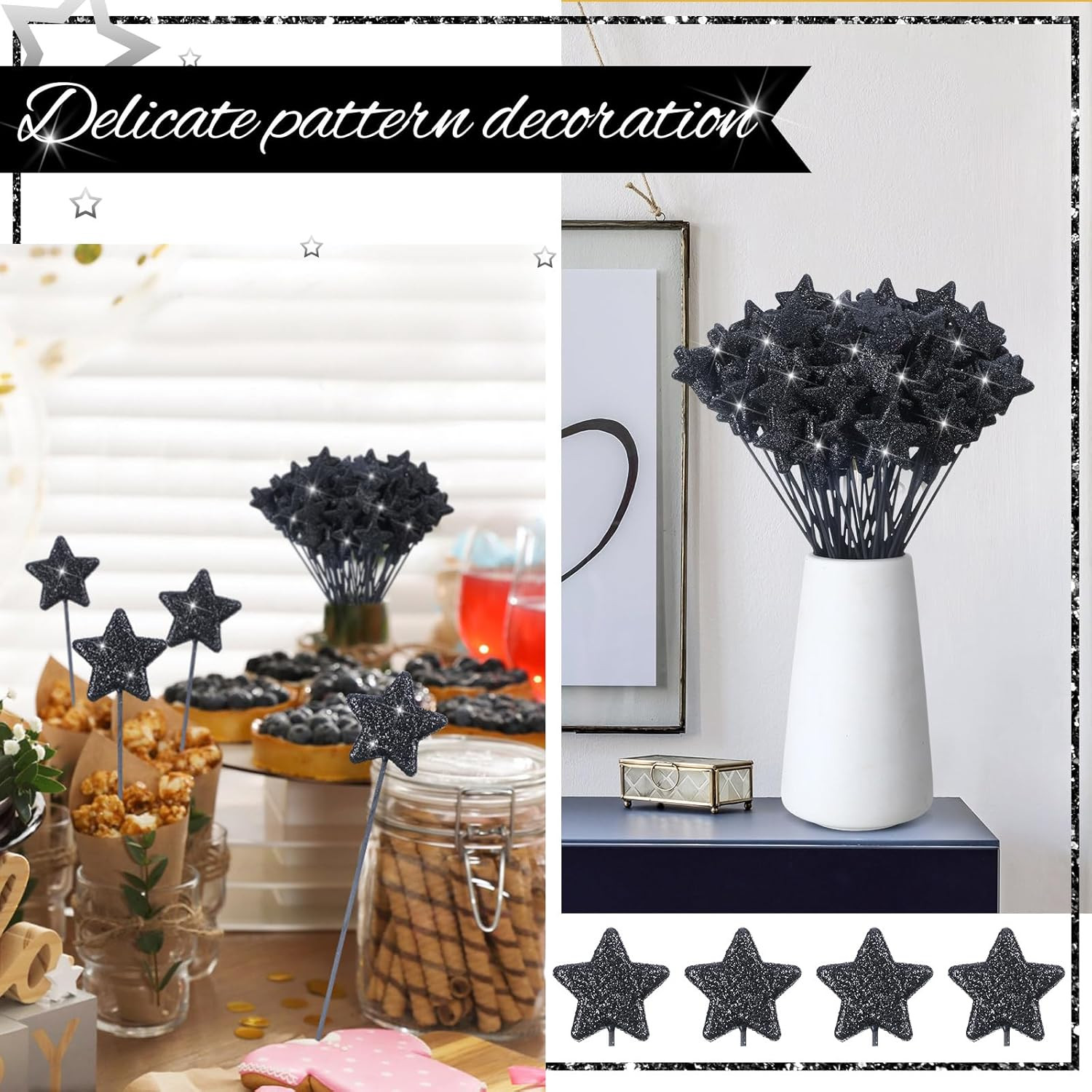 60 Pcs Black Star Floral Picks 8” Glitter Star Centerpiece Table Decor Black Cr