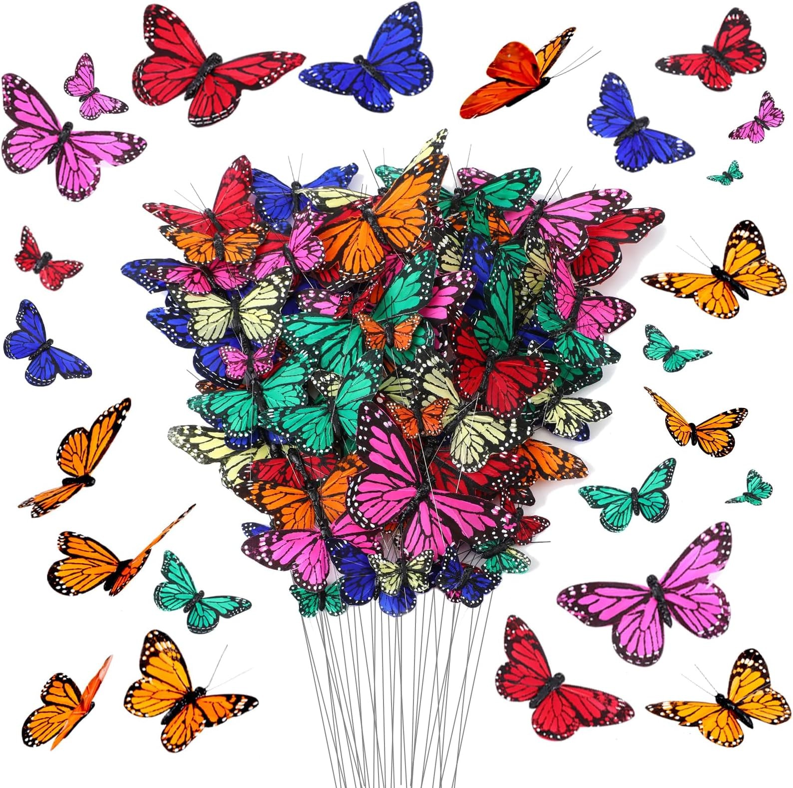 Lyrow 72 Pcs Monarch Butterfly Decorations 4 Size Artificial Feather Butterfl…