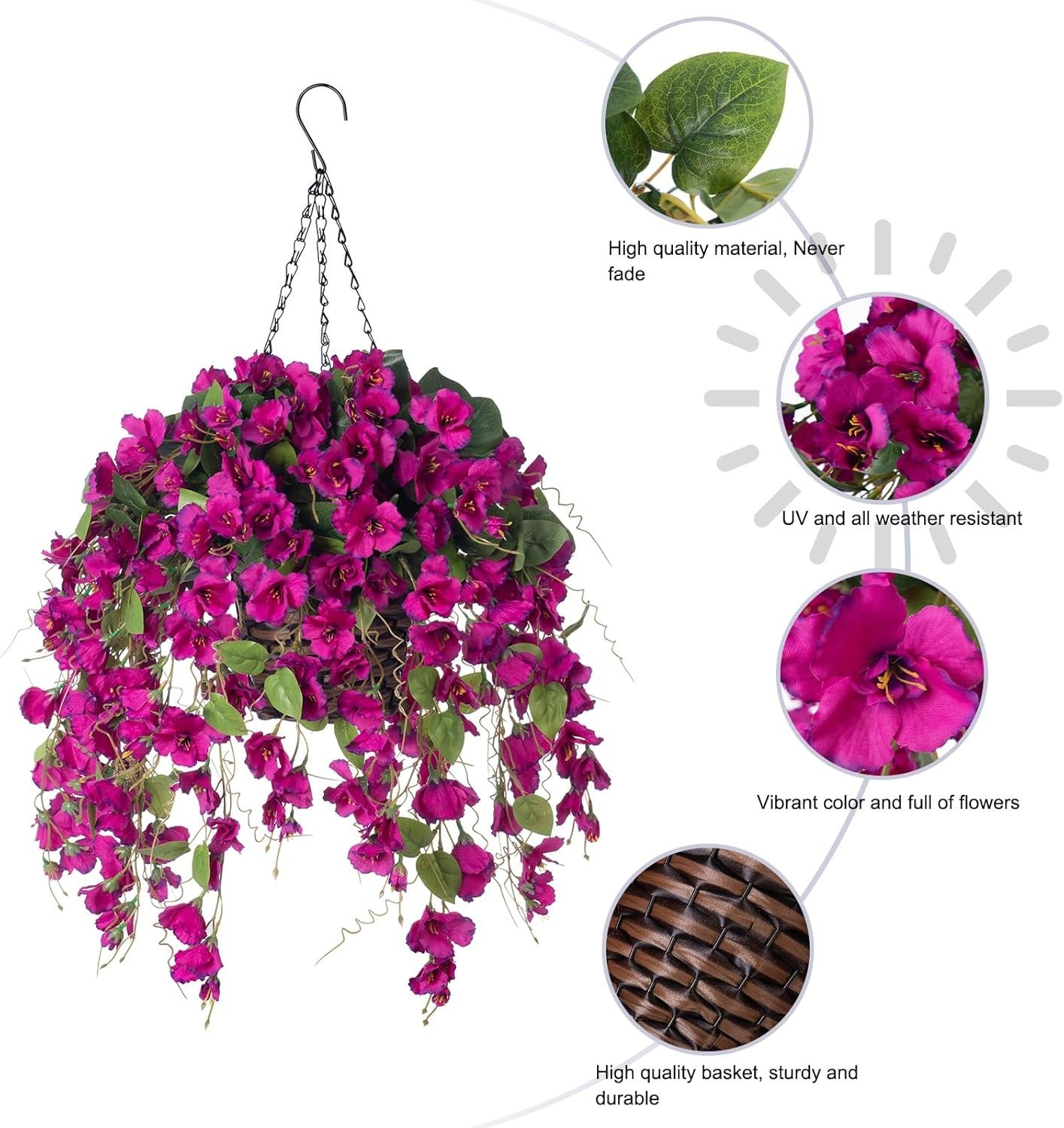 UV Resistant Artificial Hanging Hibiscus Flowers in Handmade Basket – Purple 2
