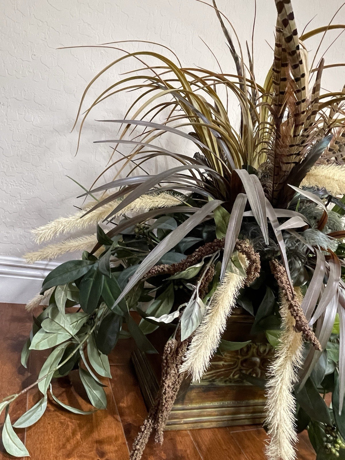 Artificial Floral Arrangement Faux Grass Cattails Pheasant Feathers Tin Planter