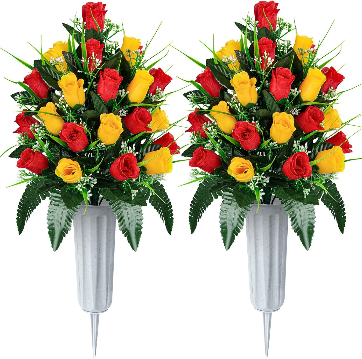 Artificial Cemetery Flowers – Set of 2 Grave Memorial Rose Flowers with Vase for
