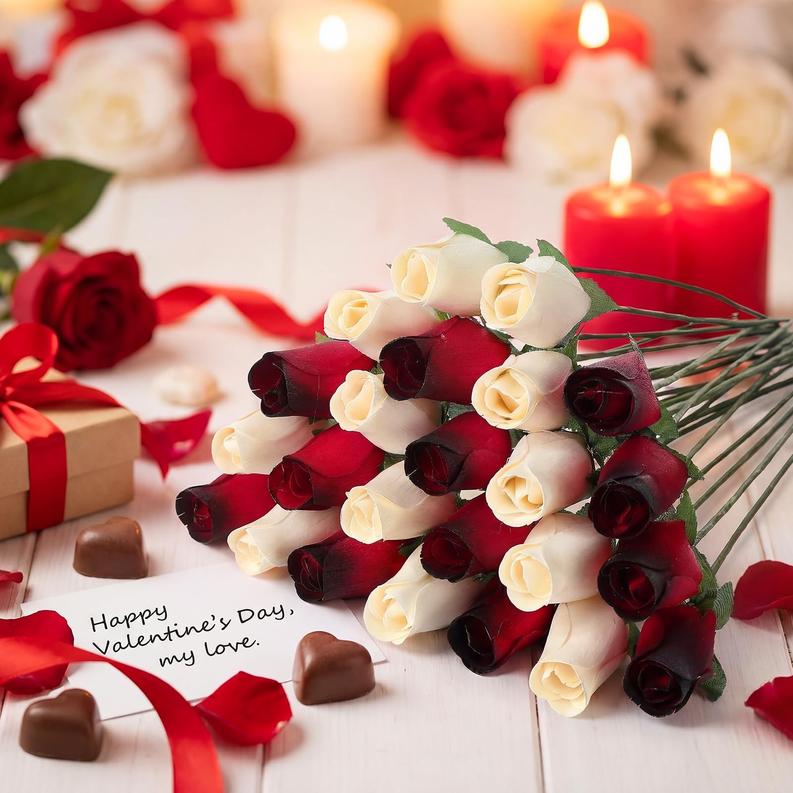 24 PCS Wooden Roses 13 Inch Realistic Wood Flower Red White Wedding Decor