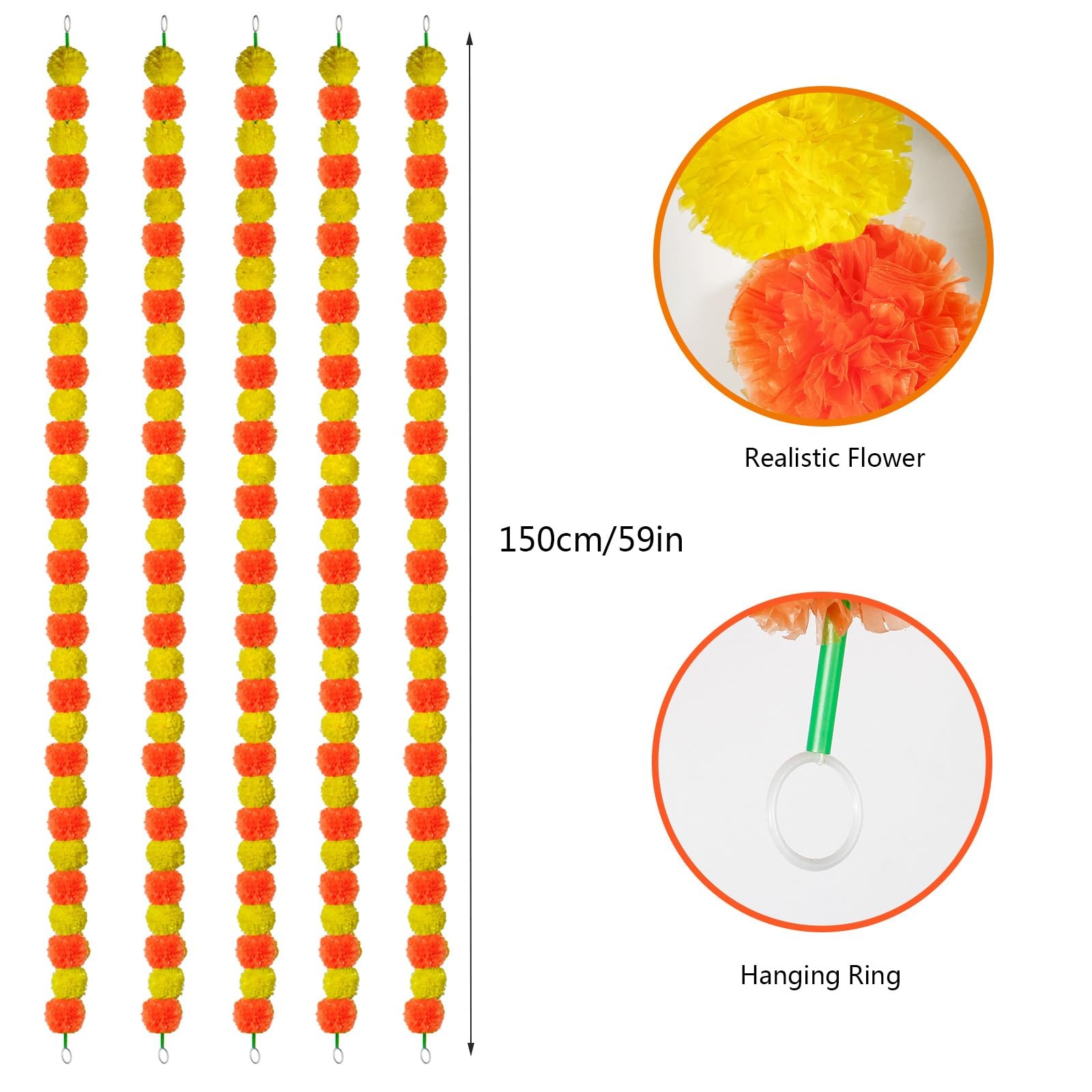 Marigold Garland for Decoration, 5 Pcs Long Strands Artificial Marigold Flowe…