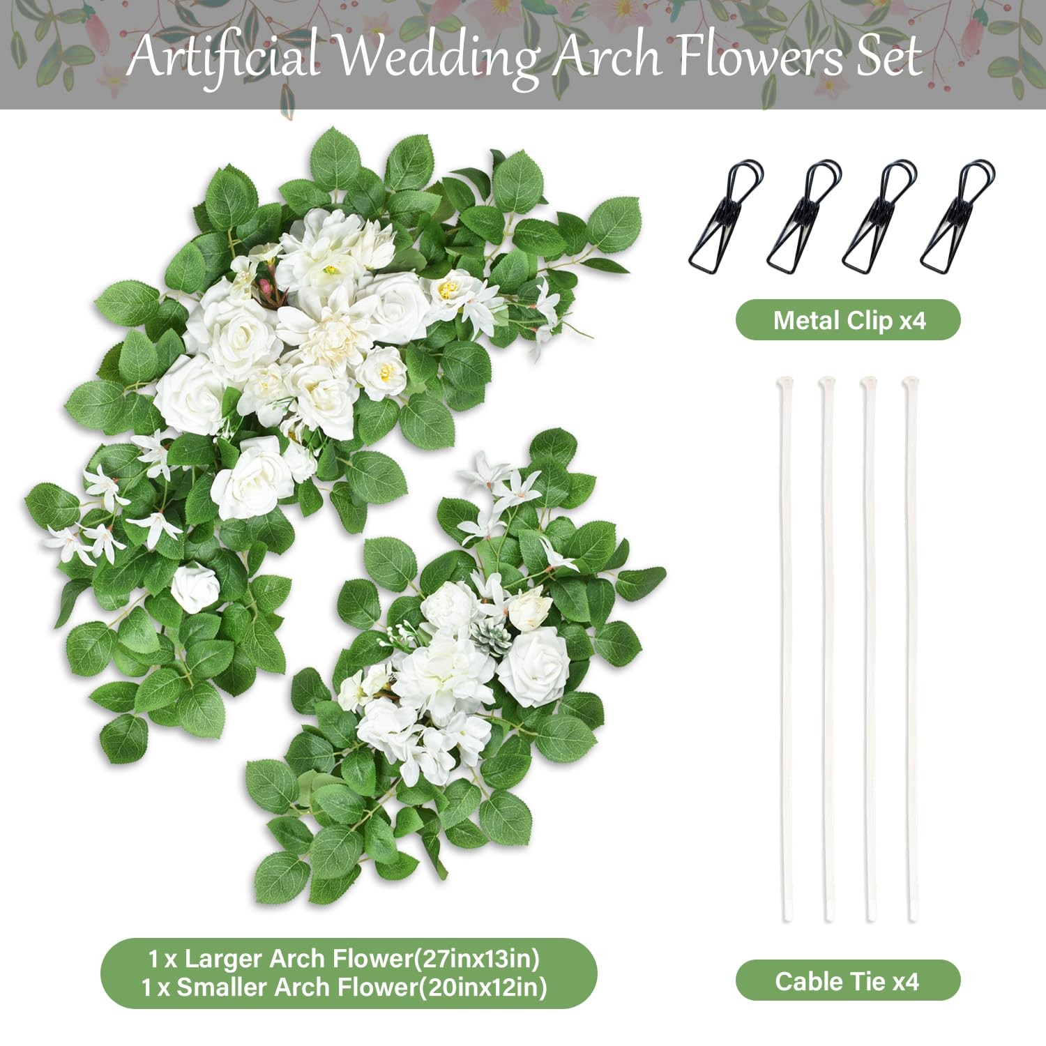 2 PCS White Artificial Wedding Arch Flowers Floral Swags Ceremony Backdrop