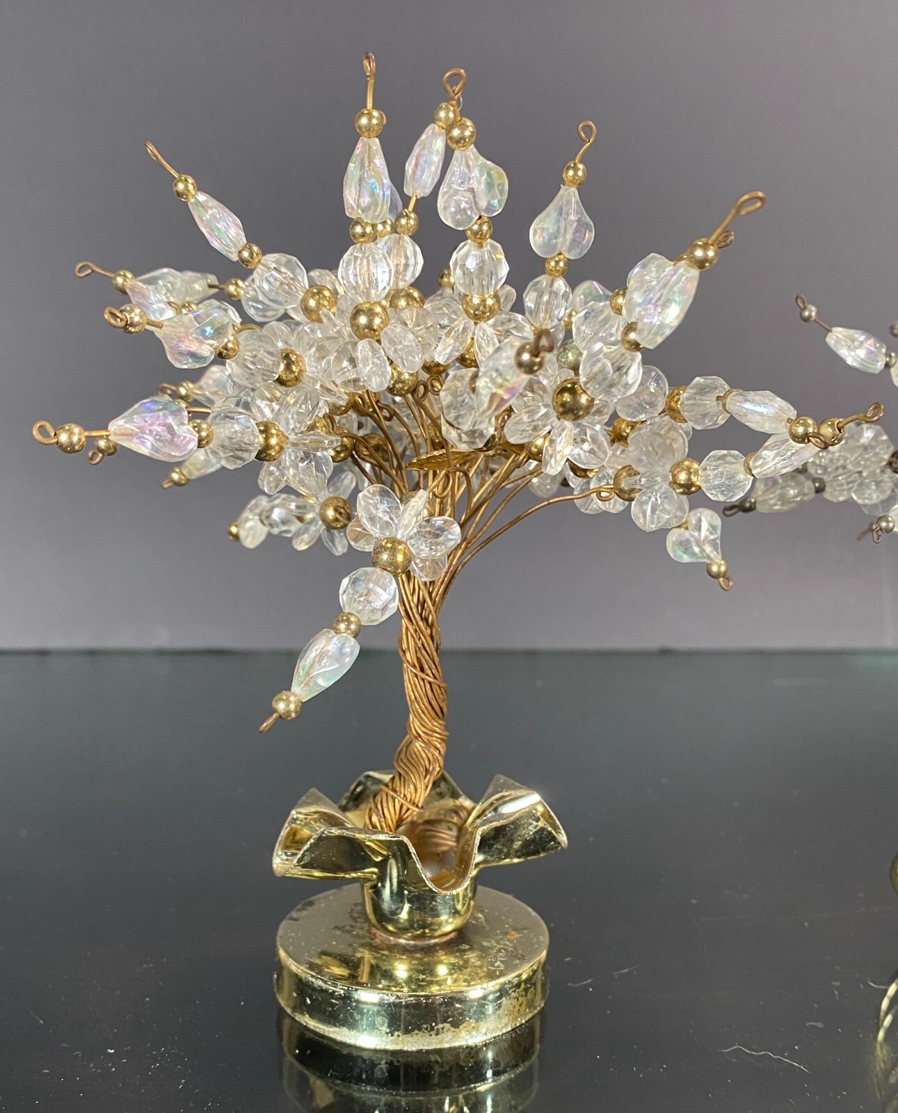 Vintage Twisted Wire Acrylic Beads Hearts Bonsai Money Luck Trees in Brass Pots