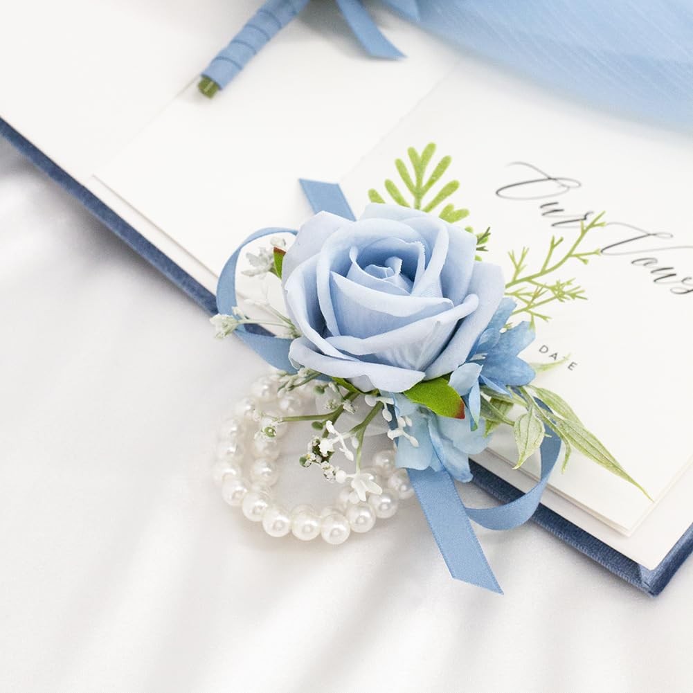 Light Blue Corsage and Boutonniere Set for Wedding Prom, Artificial Rose Baby…