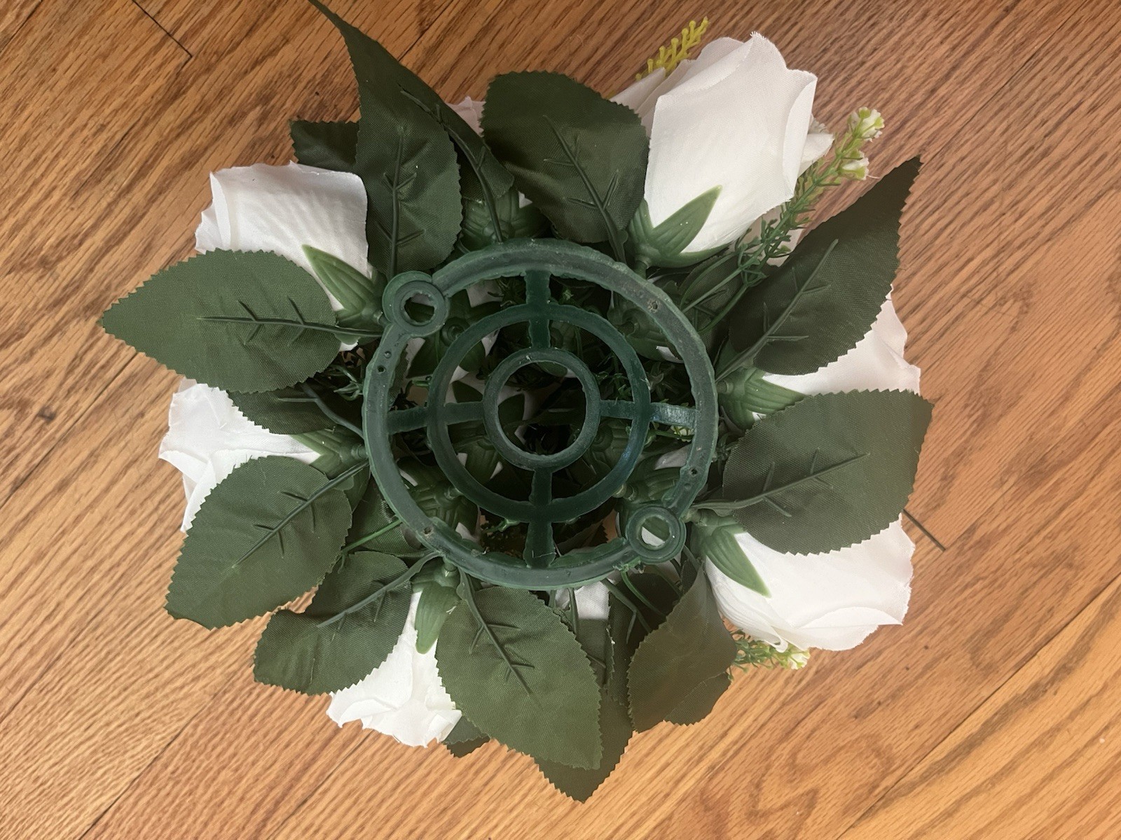 Artificial White Rose Flower Arrangement Centerpiece w/ Green Leaves, Plastic