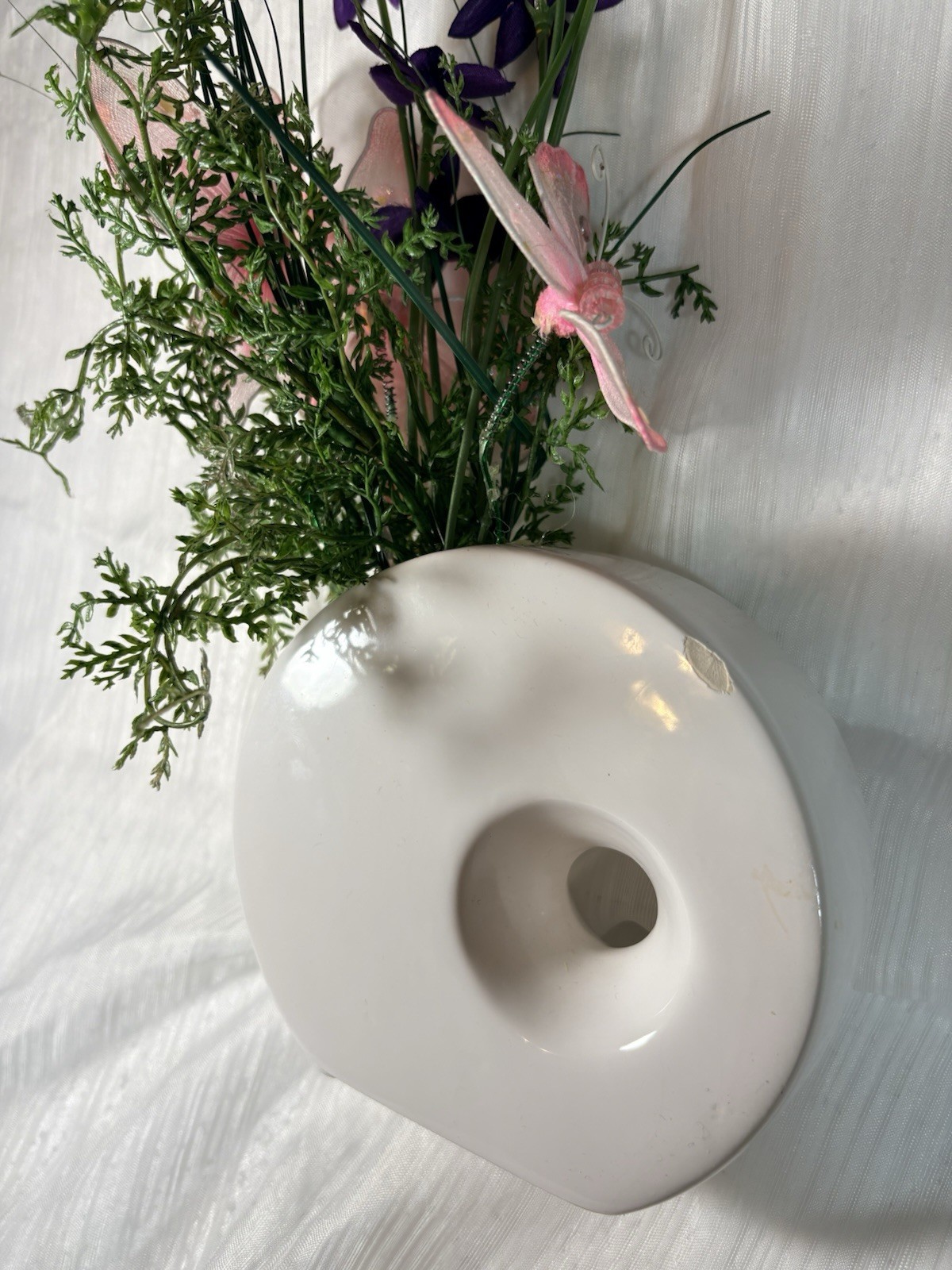 Artificial Purple Flower Arrangement with Pink Butterfly in White Ceramic Vase