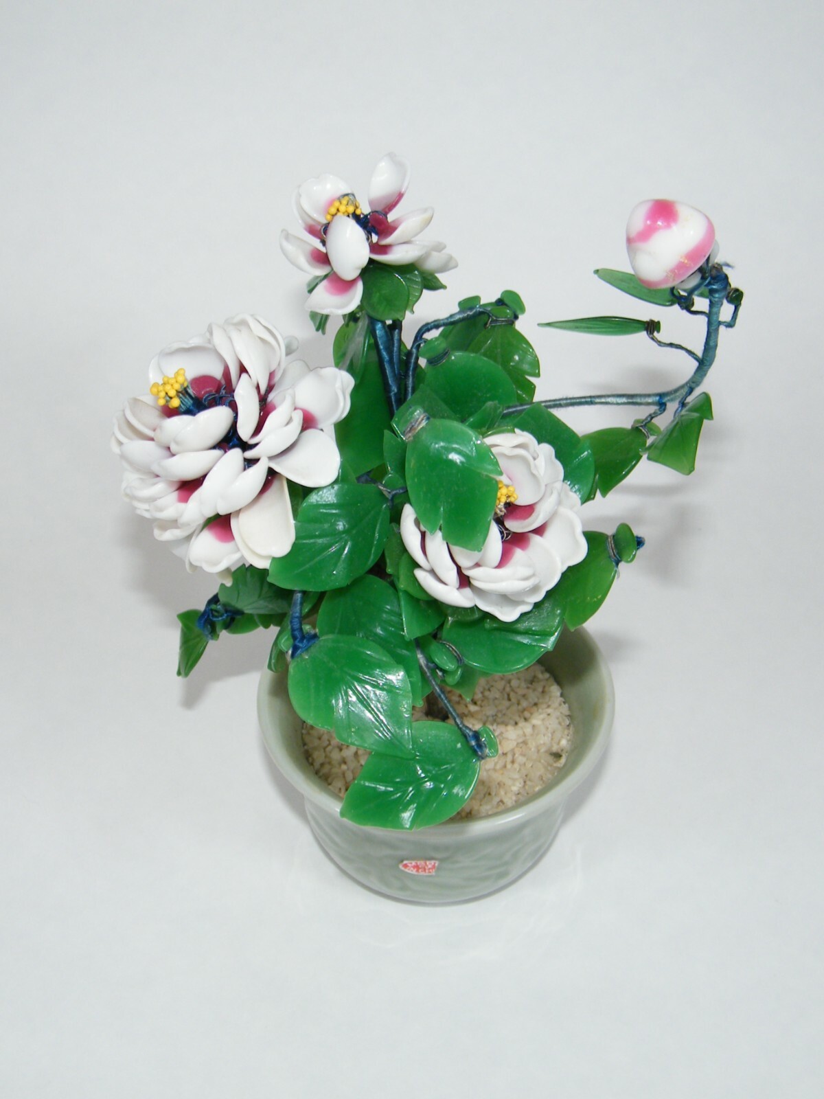 COLORED GLASS FLOWERS IN POT 10″ BONSAI TREE WHITE PINK GREEN POTTED