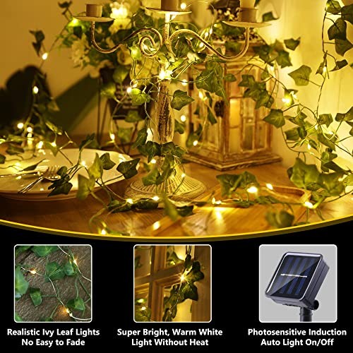 Solar Vine String Lights, 33ft 100 LED Solar String Lights, 8 Warm White-Ivy
