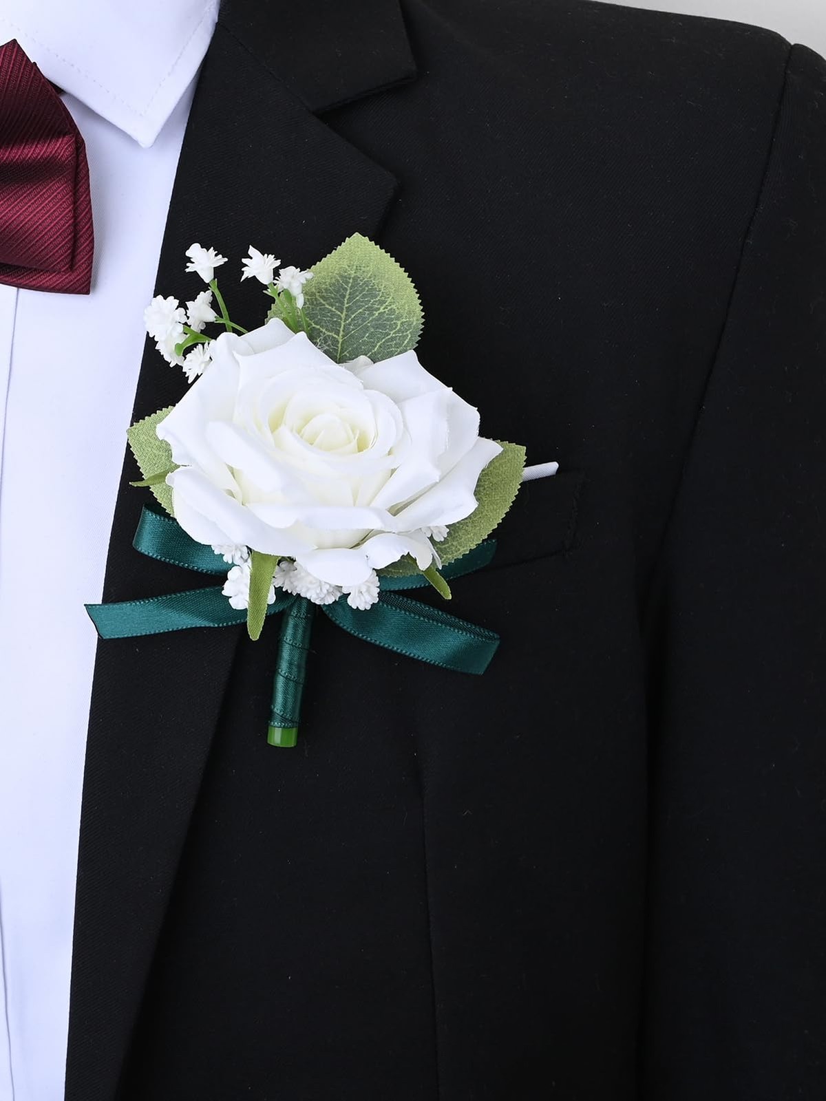 2 PCS White+Dark Green Artificial Wrist Corsage Boutonniere Set Prom