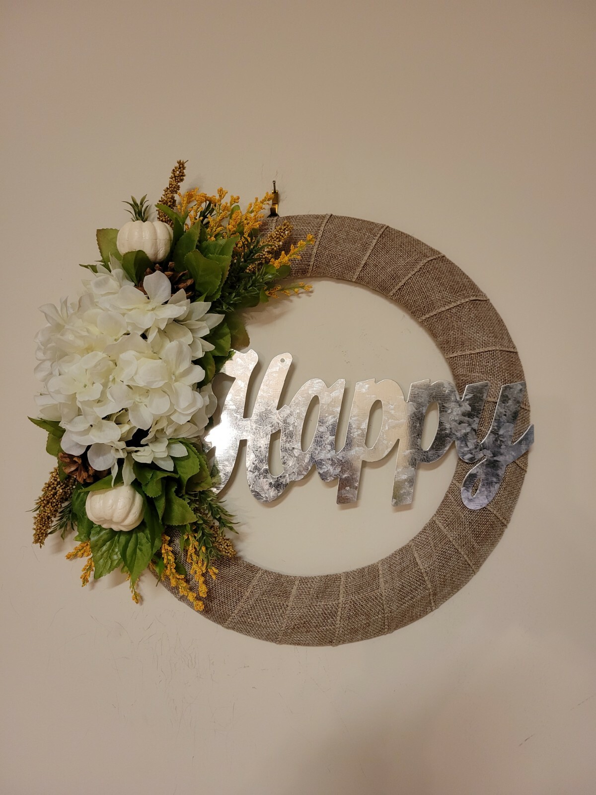 HAPPY white green sunflower Hydrangea pumpkin cone burlap WREATH FALL Decor Door