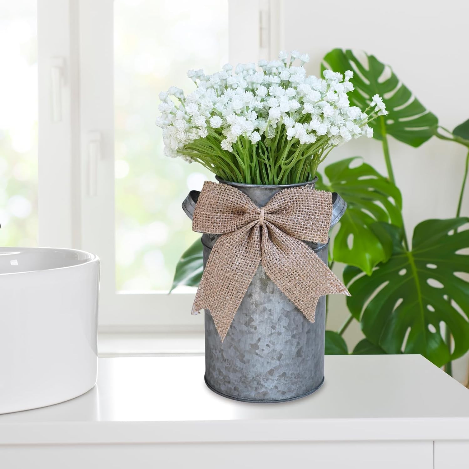 Winlyn Artificial Baby’s Breath Centerpiece with Rustic Galvanized Metal Can 11″