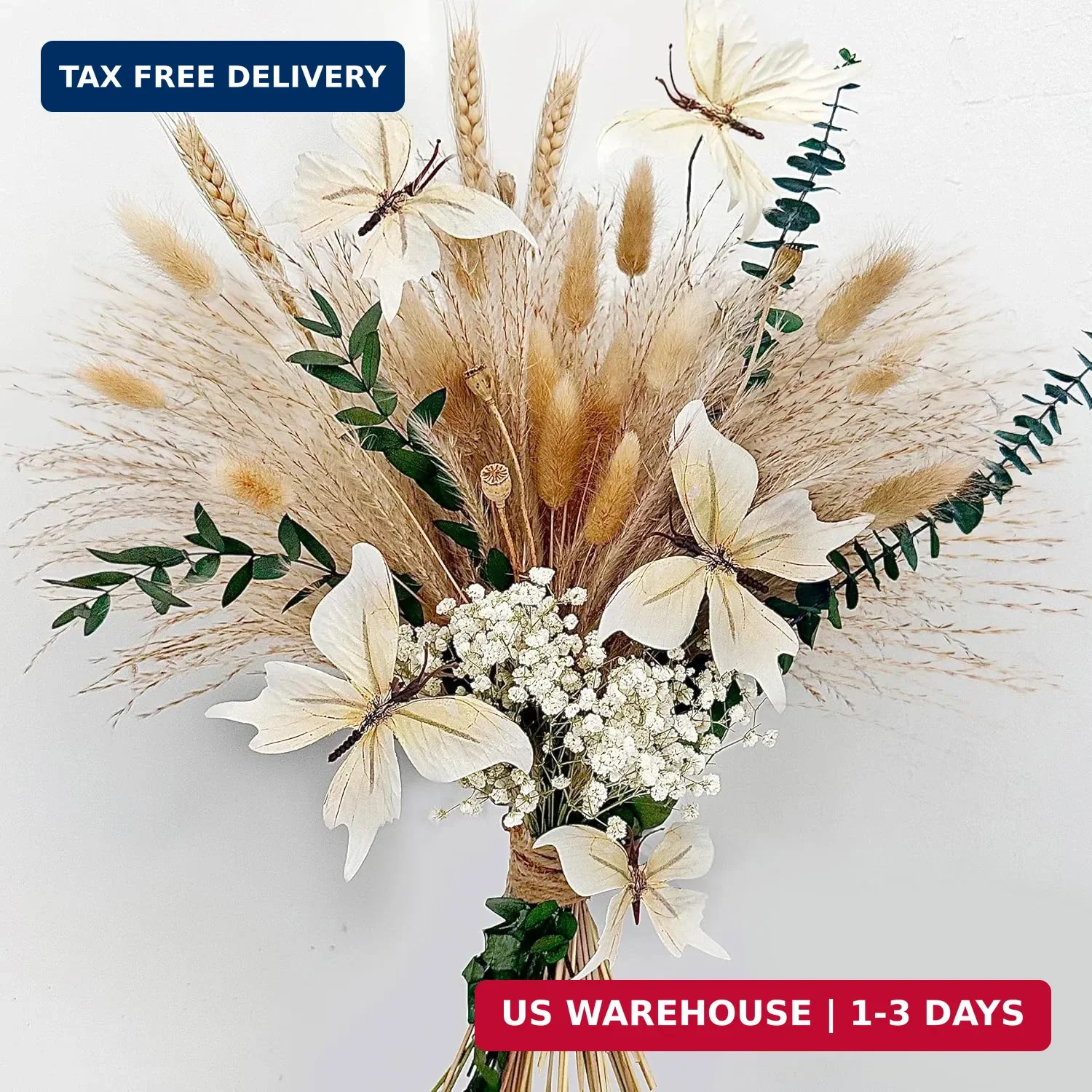 Pampas Grass Dried Flower Bouquet for Boho Home Decor | Eucalyptus, Butterflies